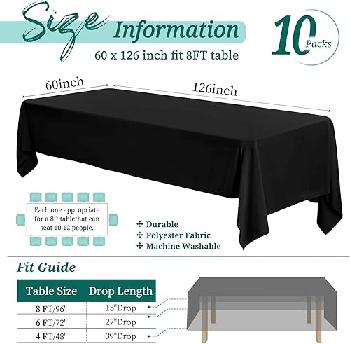 Miniatura 2 de Showgeous Paquete de 10 manteles rectangulares negros de 60 x 126 pulgadas, tela de poliéster lavable resistente a las arrugas, para cenas, bodas,