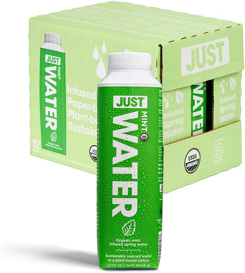 JUST Water Infused - Mint Flavored with Spring Water - Eco-Friendly and Sustainable, Boxed Bottled Water - Low Calorie Beverage with No Artificial Flavors, Alkaline pH of 8.0-16.9 oz (Pack of 12)…