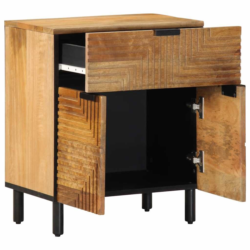 Eleganter Nachttisch aus massivem Mangoholz mit reichlich Stauraum, robuster Beistelltisch für Schlafzimmer und Wohnzimmer, individuelle Holzmaserung, stabile Holzbeine