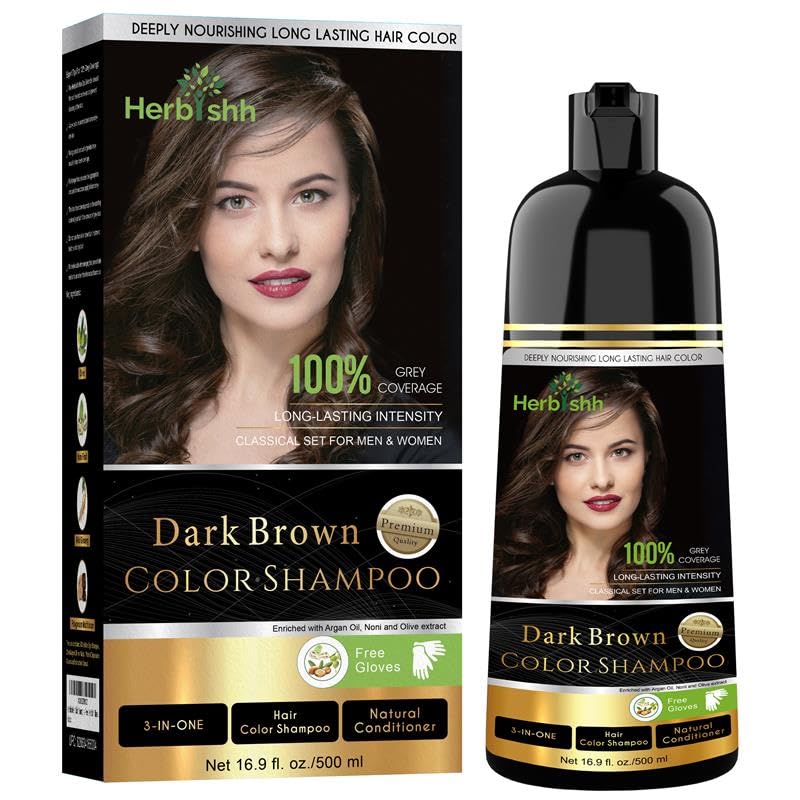 Herbishh Dark Brown Hair Dye Shampoo 500 ml, 3-in-1 100% Gray Coverage for Hair & Beard, Ammonia-Free Instant Color Shampoo for Men & Women, Demi-Permanent, Lasts up to 3-4 Weeks