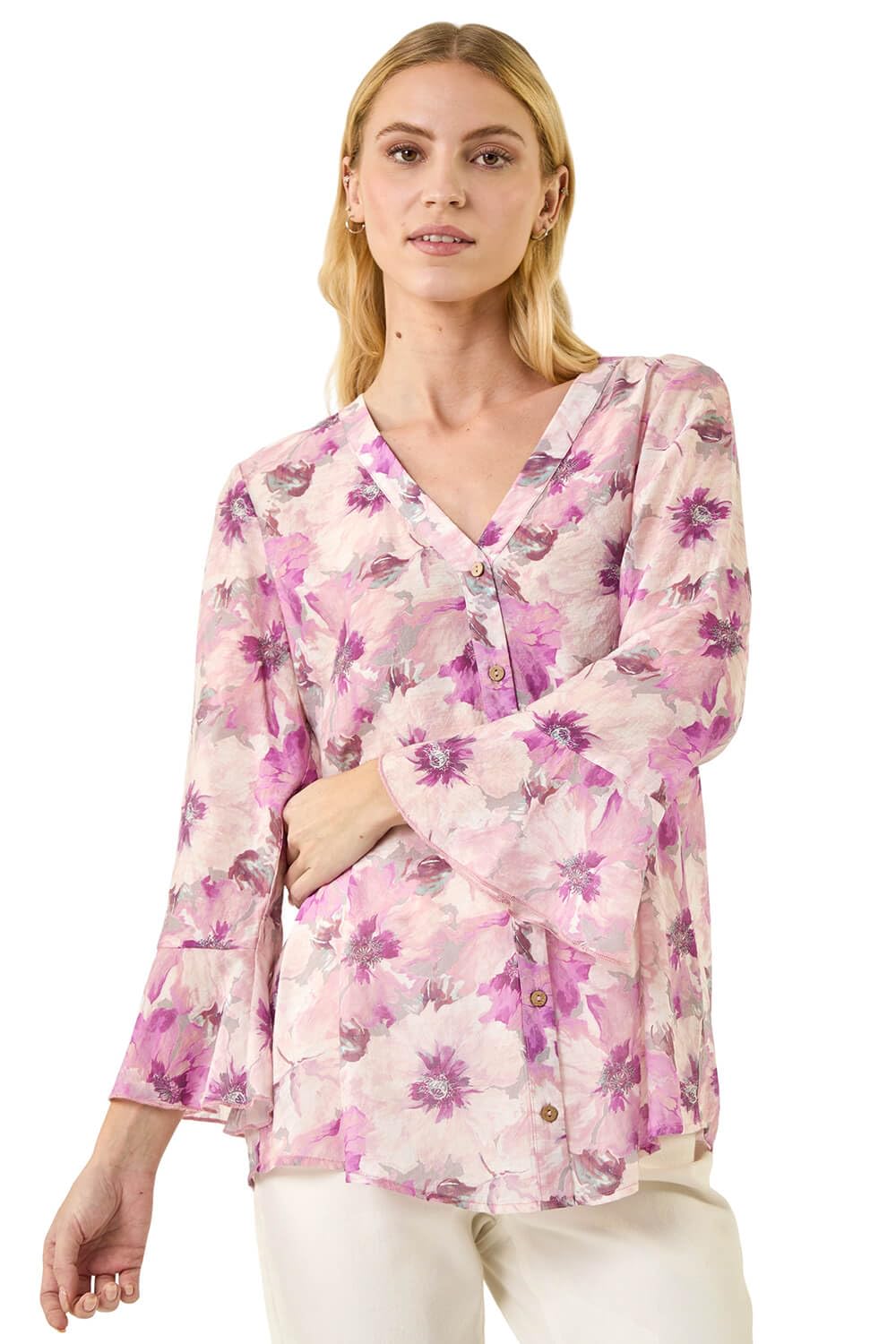 Roman Women's Purple Floral Print Flare Sleeve Blouse In | Size: 14