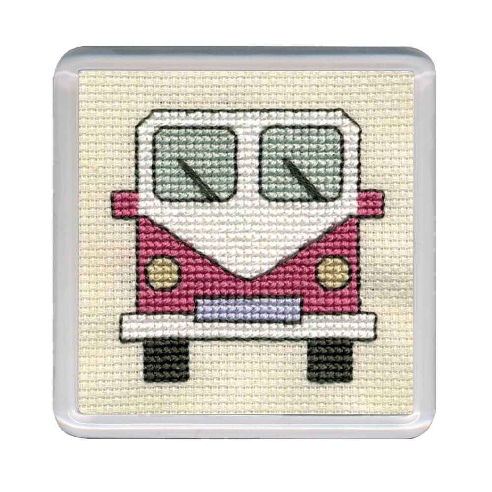 Textile Heritage Counted Cross Stitch Kit - Coaster Kit- Camper Van (Pink)