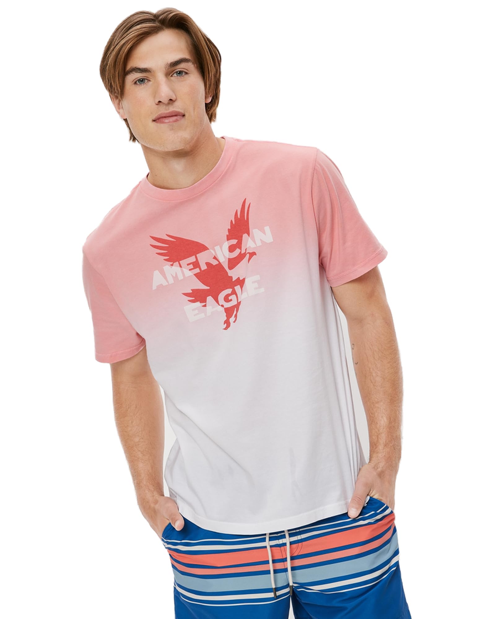 American EagleMens U-0181-2866-615 Super Soft Dip-Dye Logo Graphic T-Shirt