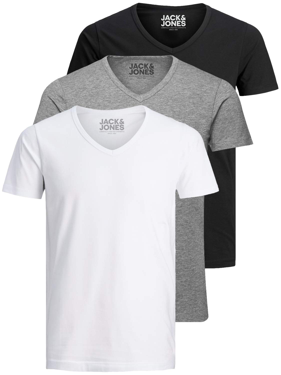 Jack & Jones Camiseta básica para hombre, cuello de pico, paquete de 3 unidades, color liso, corte ajustado, en blanco, negro, azul y gris