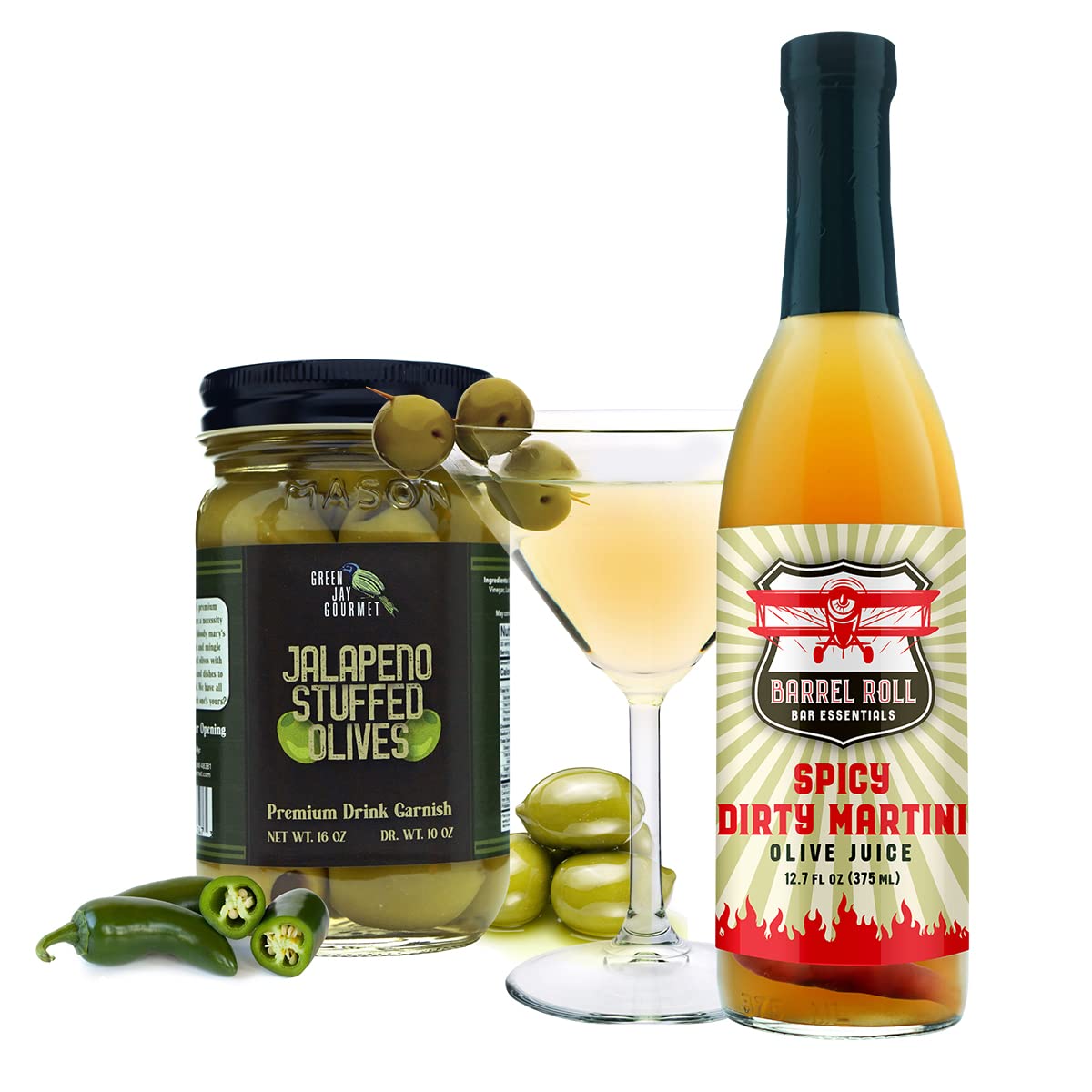 Green Jay Gourmet Jalapeno Stuffed Olives – Stuffed Green Olives for Cocktail Garnish & Cheese Board Recipes – Dirty Martini Olives & Cocktail Olives – Gourmet Olives – All Natural – Large – 2 x 16 Oz