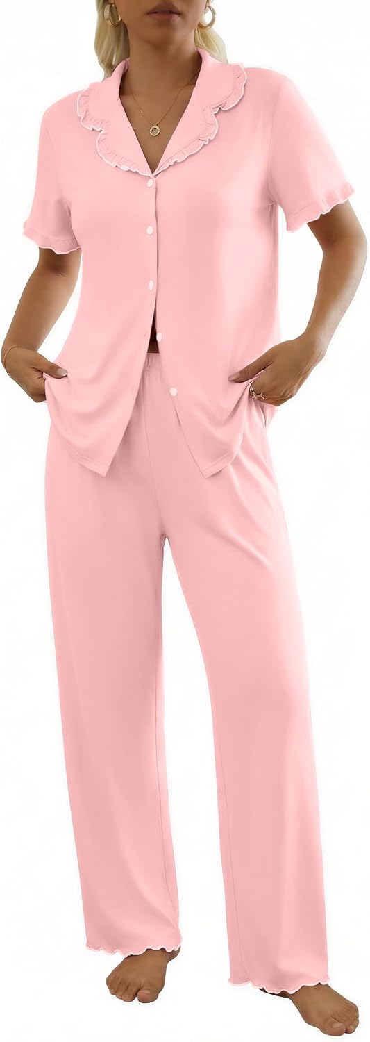 Ekouaer Womens Pajama Sets Short Sleeve Printed PJs Button Down Sleepwear image 2