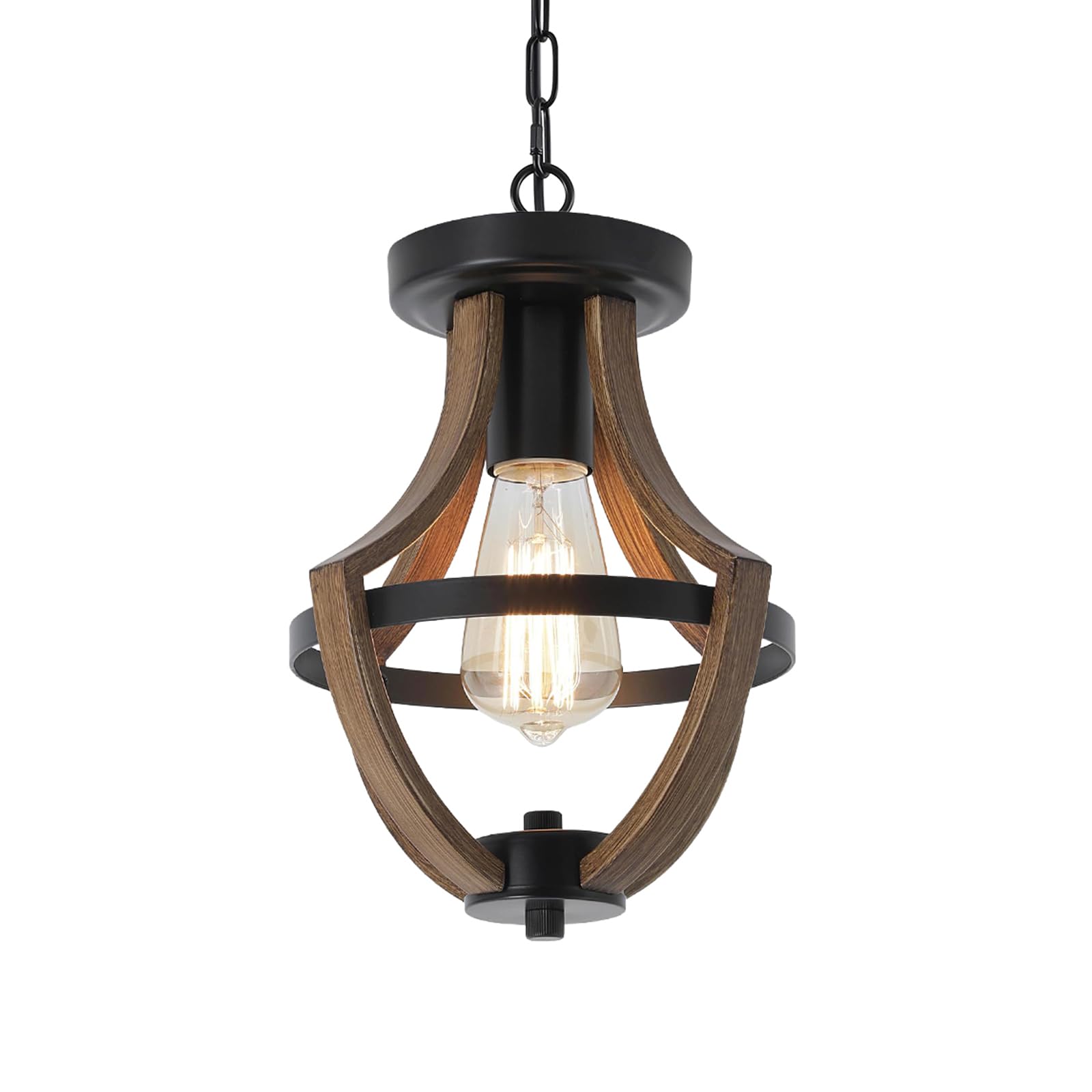 SEEBLEN Farmhouse Pendant Light, Vintage 1-Light Hanging Fixture Height Adjustable, Rustic Metal Ceiling Light in Faux Wood Grain Color for Kitchen Island Dining Room Foyer Hallway Entryway Bedroom