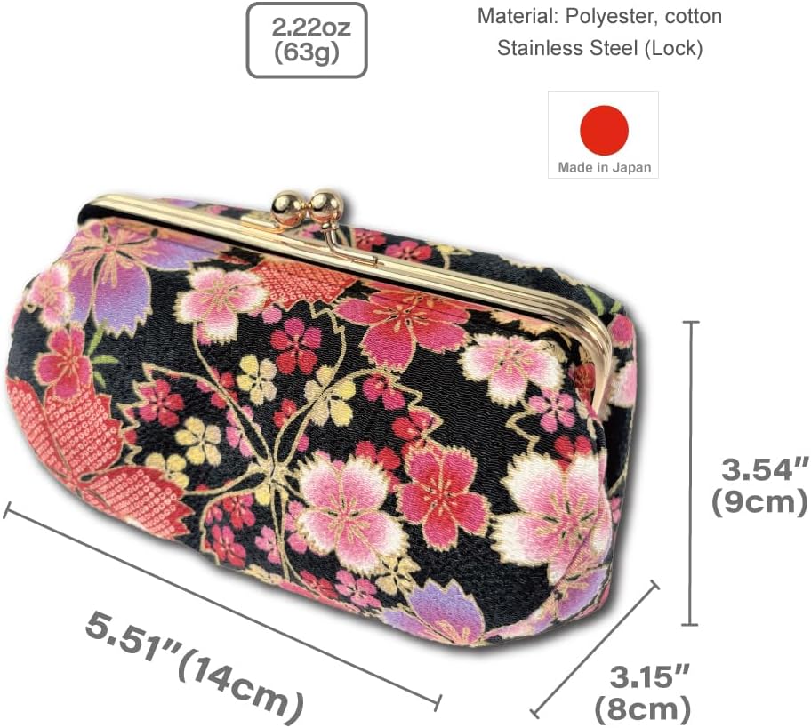 Kiss Lock Small Makeup Bag for Purse [ Made in Japan] Traditional Edo Komon Design Cute Cosmetic Pouch (Cherry blossom (Black))