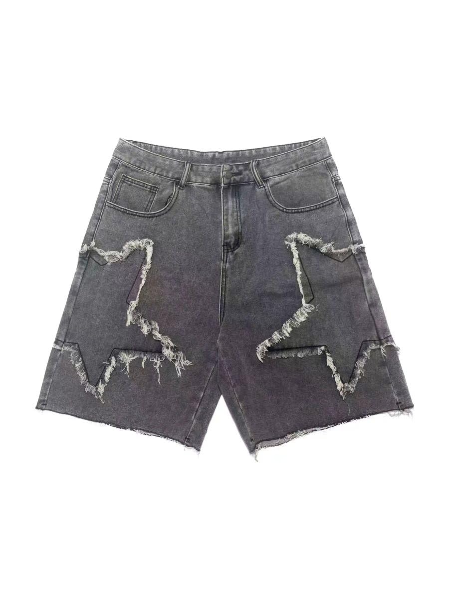 Men's Baggy Jean Shorts Black Grey Vintage Star Pattern Jorts Men Y2K Fashion Casual Loose Denim Shorts Streetwear-image-1