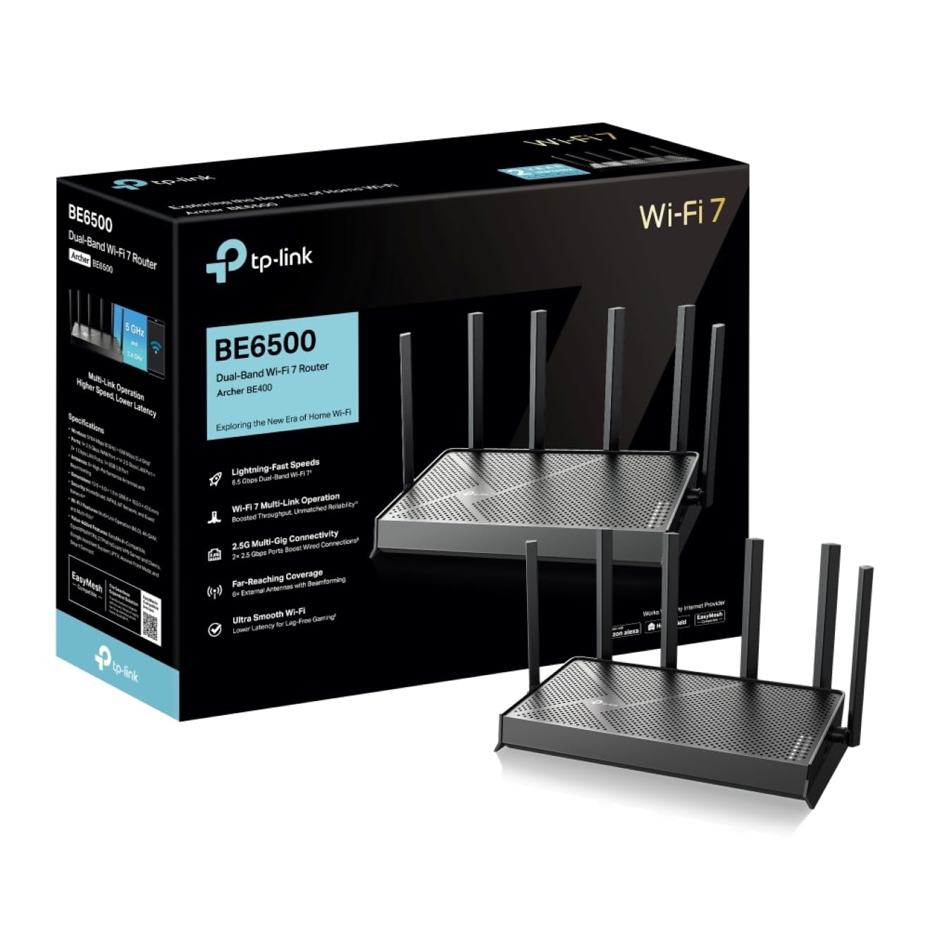 TP-Link Archer BE400 - Router WiFi 7 Doble Banda 6500Mbps, 2.5G WAN/LAN, Cobertura Maxima 6 Antenas Externas con Tecnología MLO, EasyMesh, Beamforming, Control App