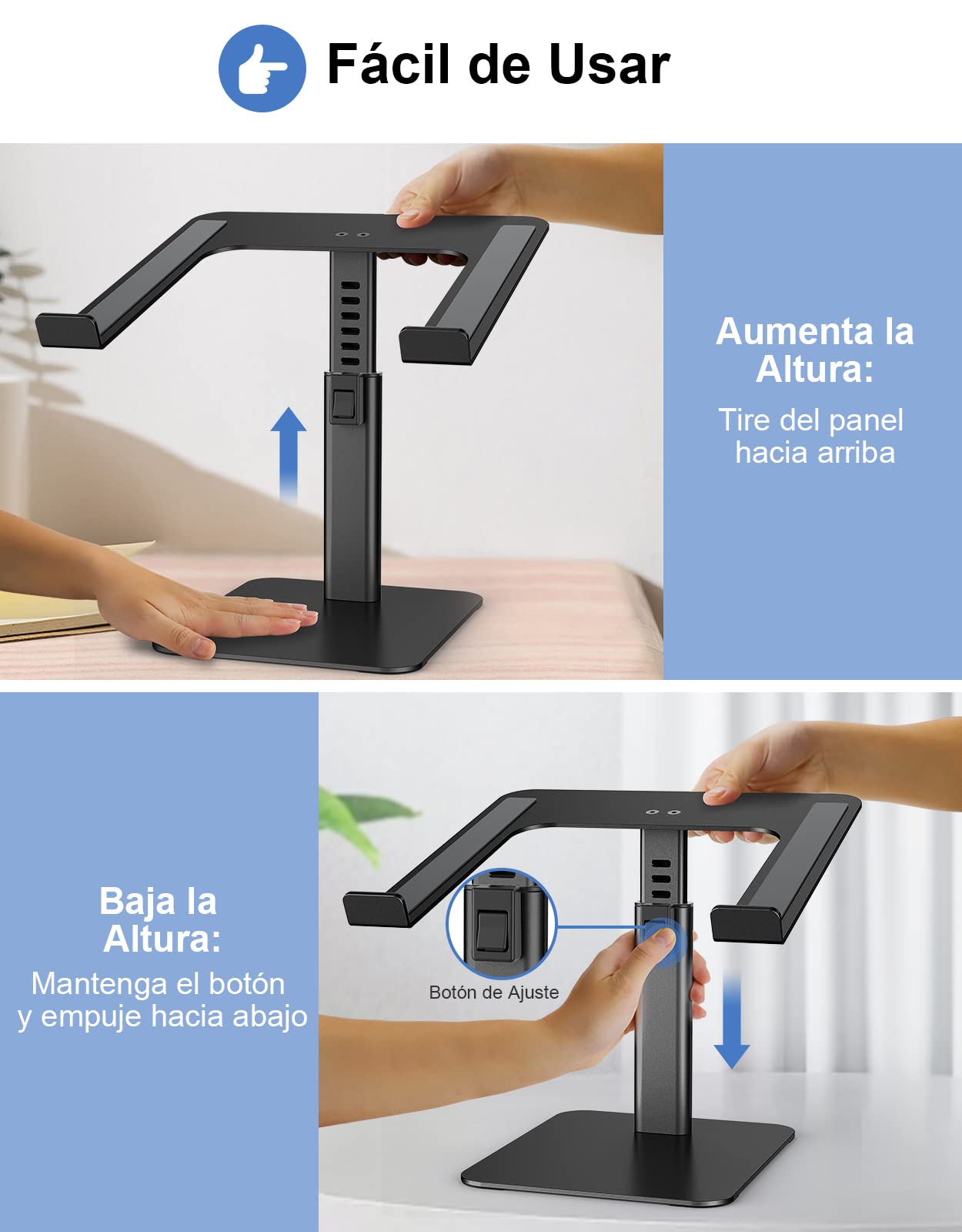 Babacom Soporte Portatil Mesa con 8 Alturas Ajustables, Aleación de Aluminio Elevador Portatil Ergonómico, Ventilado Laptop Stand Compatible con MacBook/Air/Pro, Chrome y Tabletas, 10-16” Negro