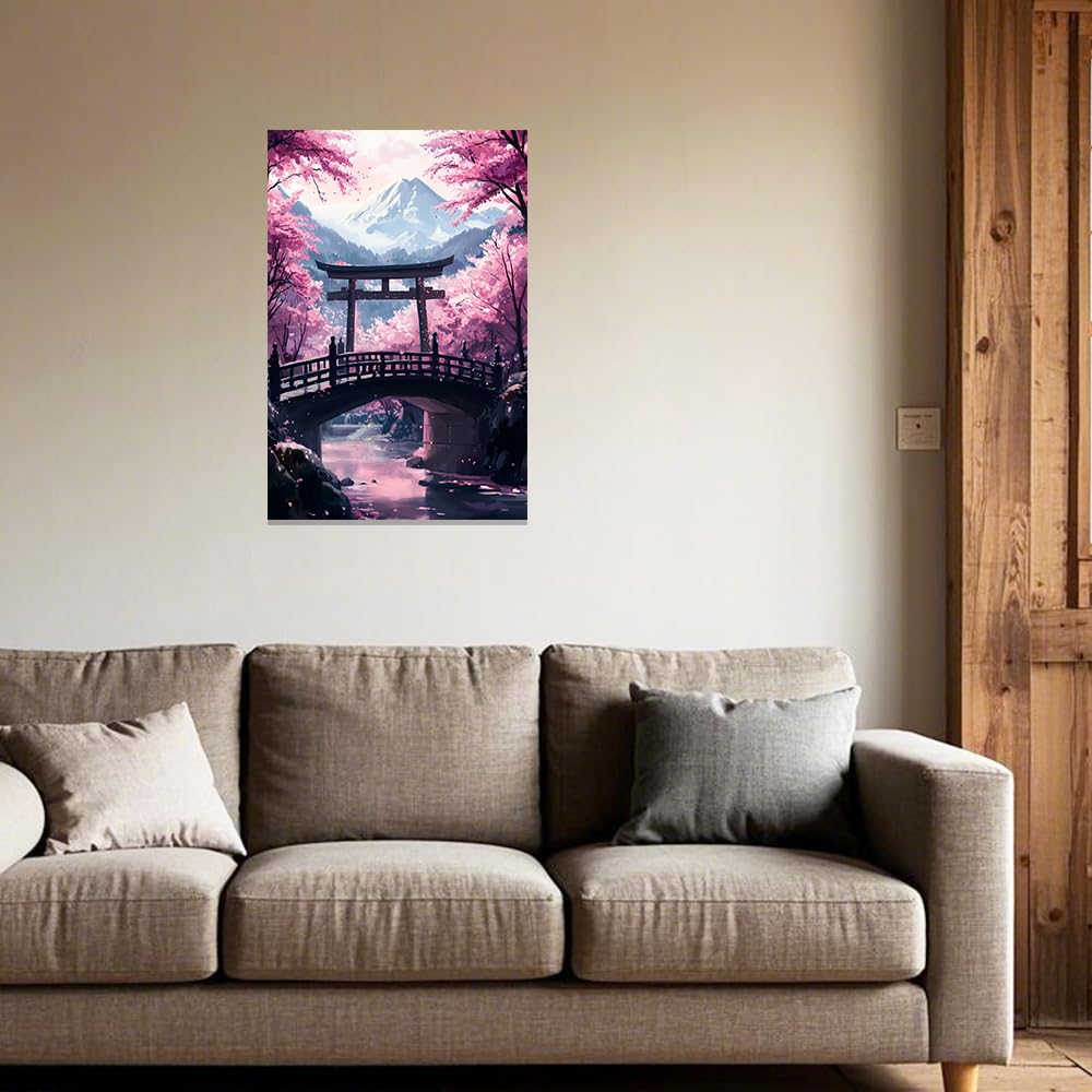 ZXHYWYM Japanese Wall Art Pink Cherry Blossom Pictures for Bedroom Japan Landscape Poster Prints Sakura Canvas Painting Framed Ready to Hang (30 x 45 cms) - Image 4
