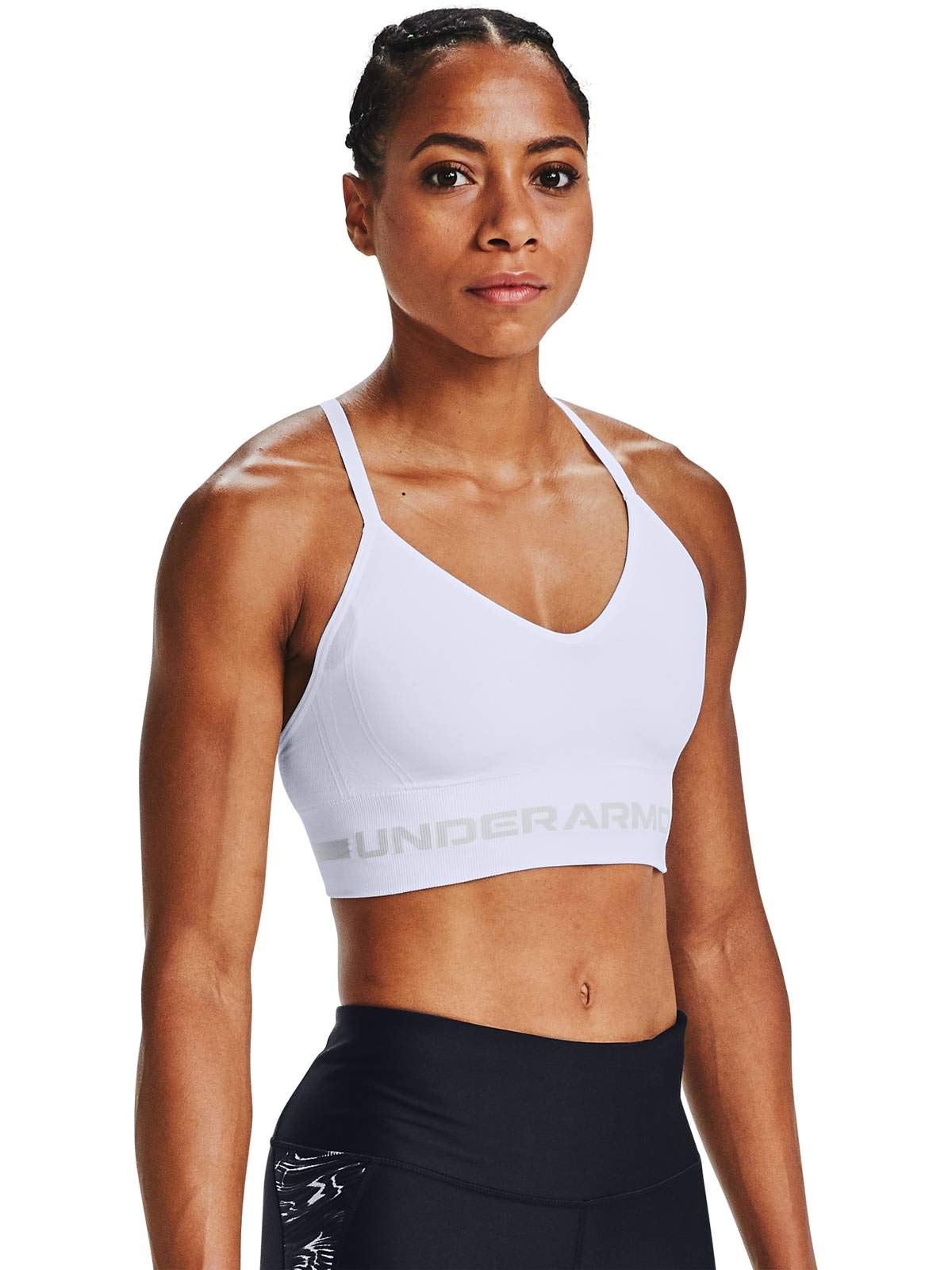 Under Armour Women's Seamless Low Impact Long Bra, White (100)/Halo Gray, Medium