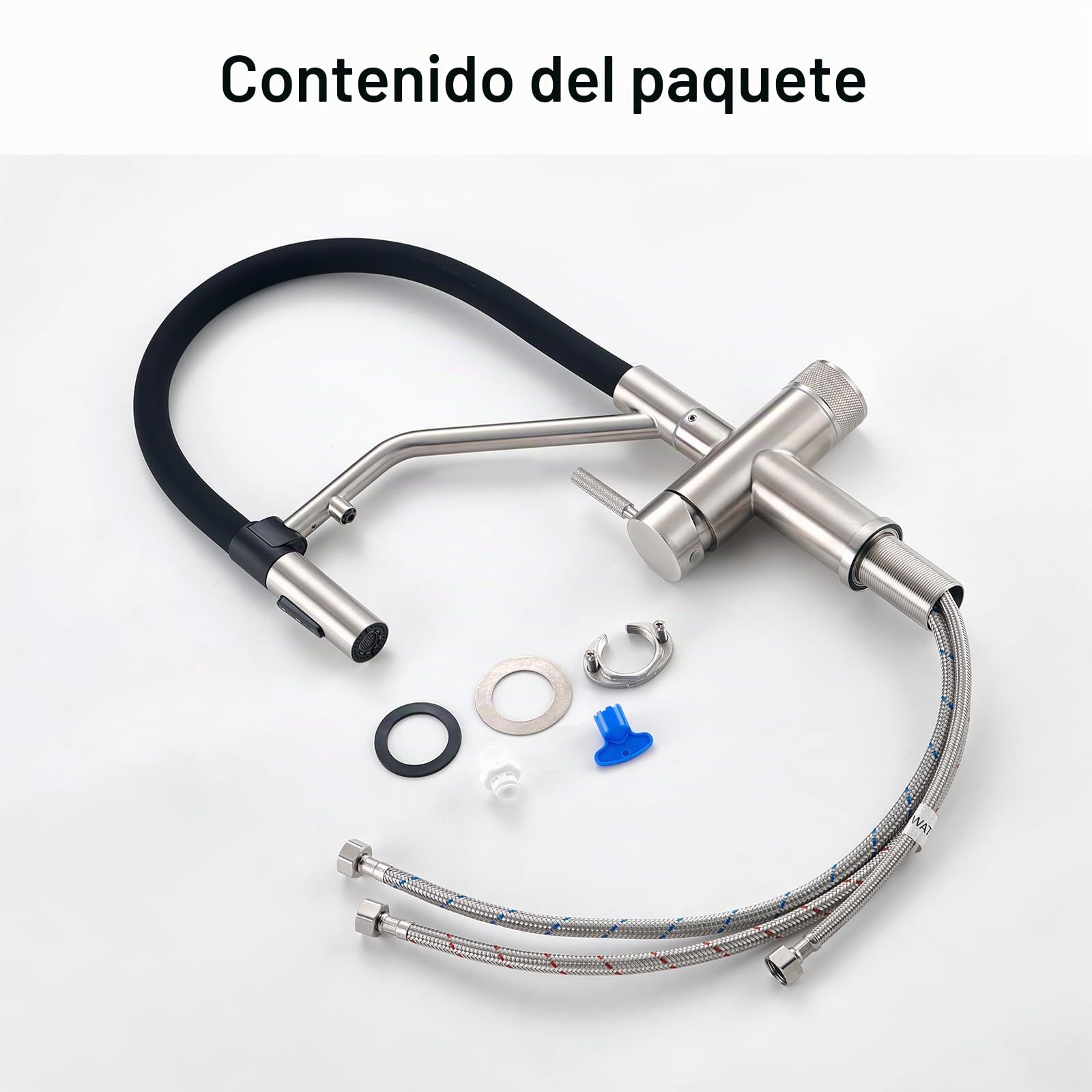 Faustina Grifo de cocina extraíble 3 vías doble palanca acero inoxidable manguera silicona negra flexible sistema ósmosis