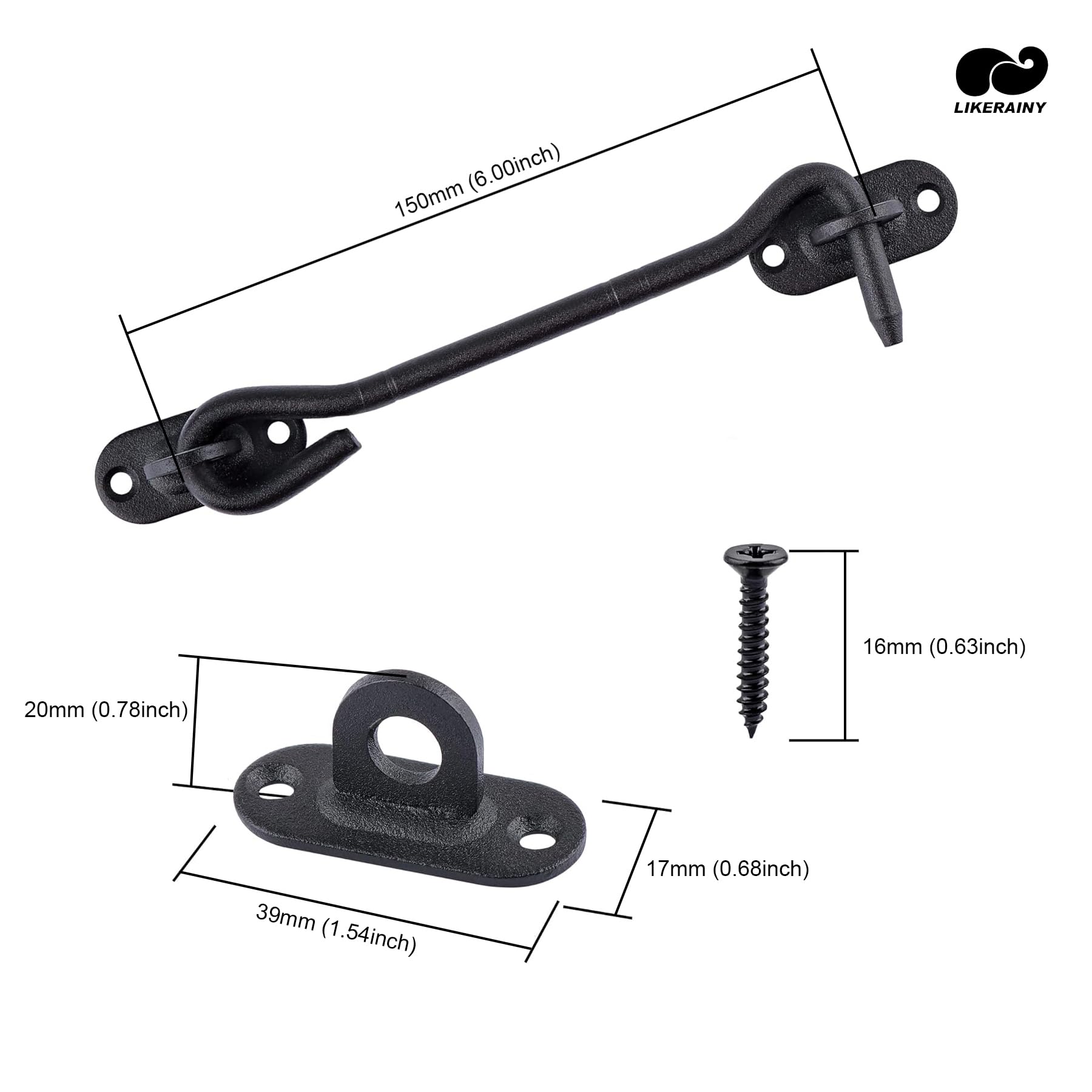 LIKERAINY Stainless Steel Cabin Hook 150 mm Gate Latch Door Lock for Sliding Barn Door Cabinet Window Shed Garden Fence Doors Black Pack of 8 pcs - Image 2