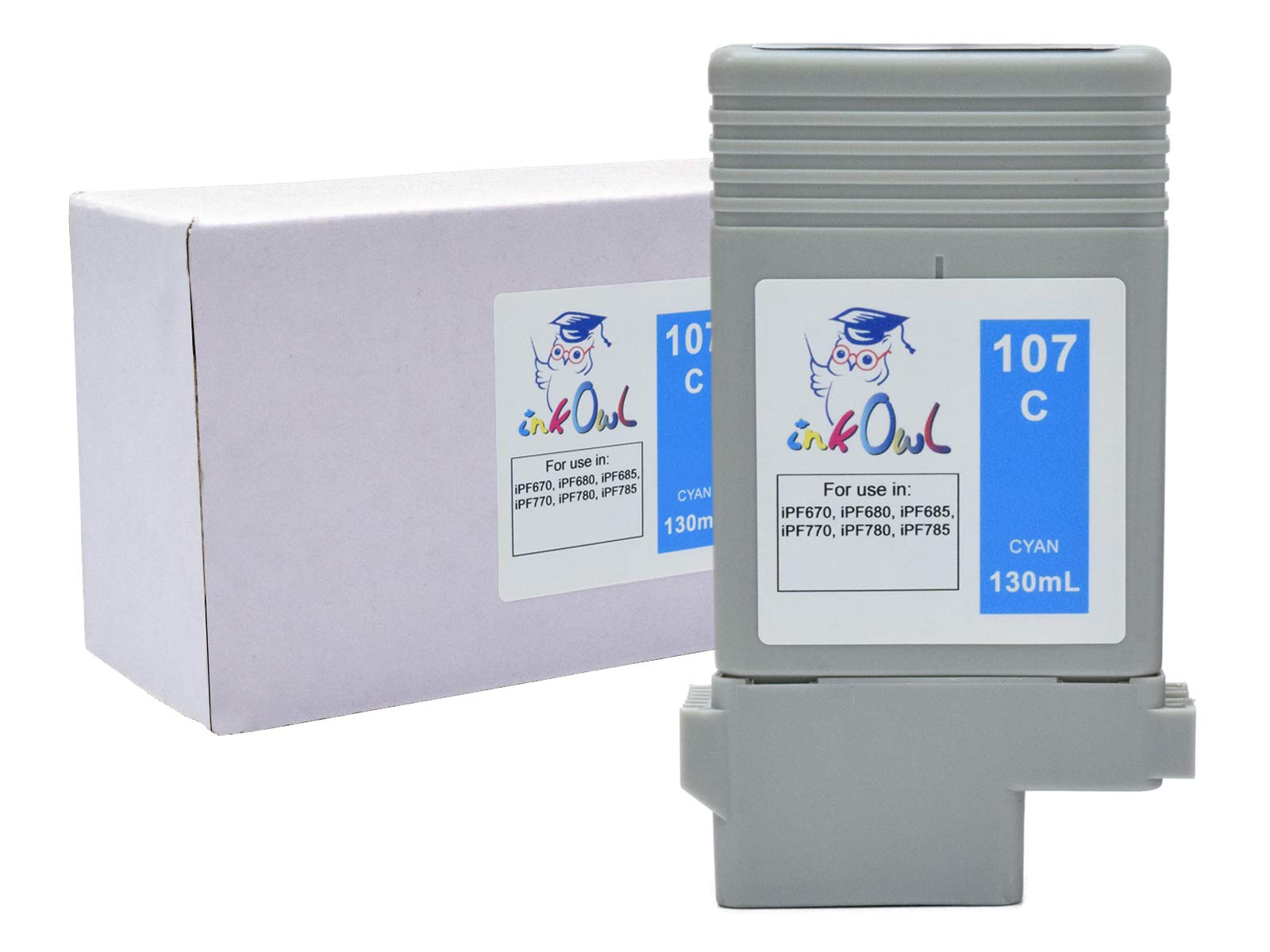 InkOwl - Compatible Ink Cartridge Replacement for CANON PFI-107C (130ml, cyan) - iPF670, iPF680, iPF685, iPF770, iPF780, iPF785 printers