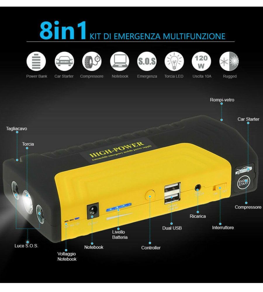 Avviatore Batteria Auto 600A Portatile Jump Starter Avviatore di Emergenza 16800 mAh Motori Fino a 5L Benzina 3L Diesel 12V Booster Avviamento Auto con Torcia LED Doppia USB con Accessori