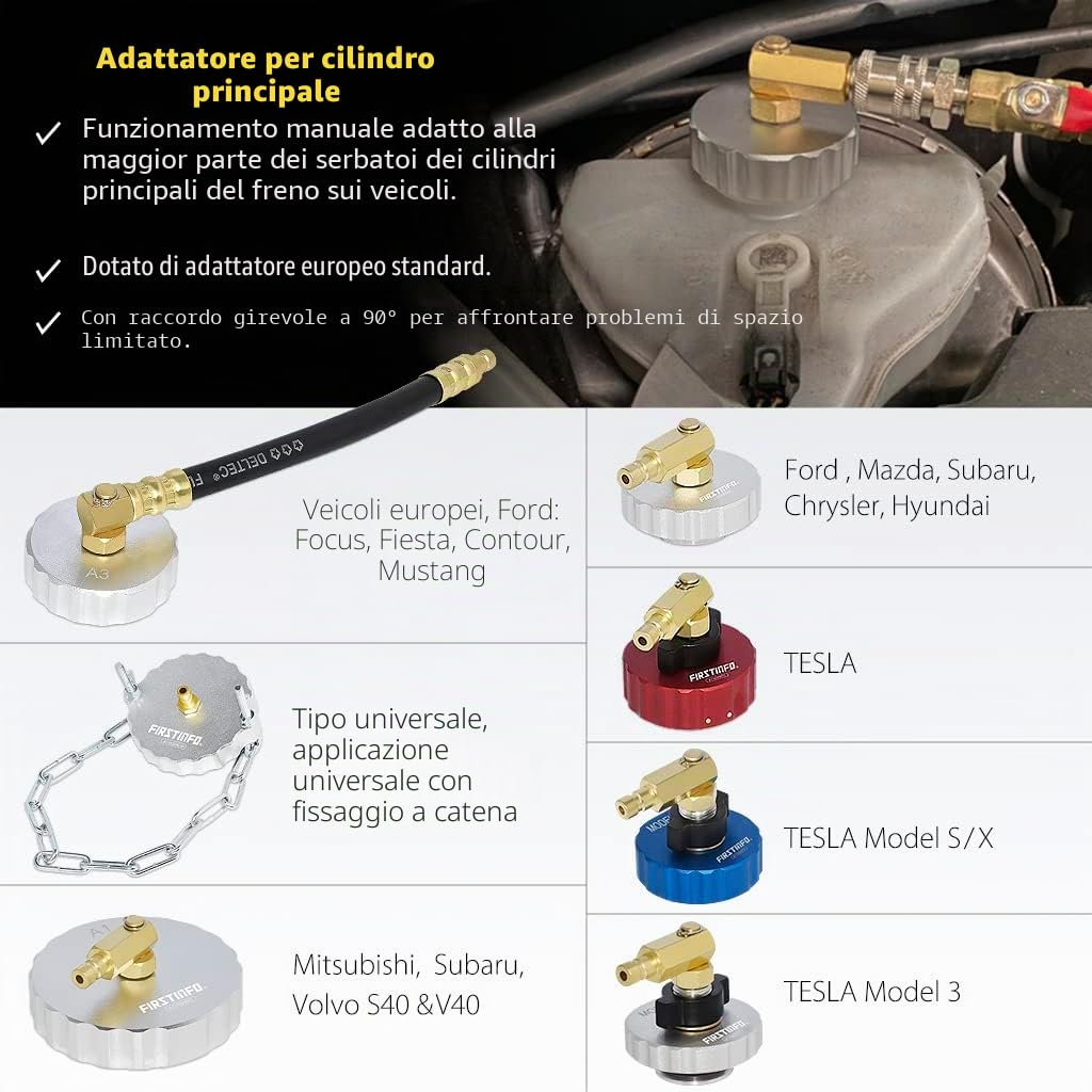 FIRSTINFO A1163HK | Kit spurgo Freni Manuale 3 L con 7 adattatori in Metallo per Serbatoi, Bottiglia di Raccolta, Pompa e 3 Tipi di raccordi