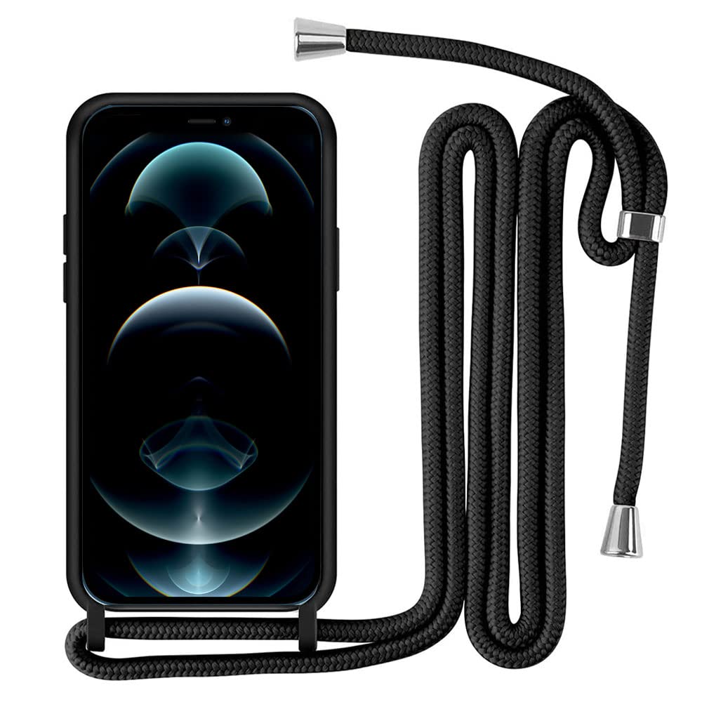 INFOSUN Compatible with iPhone 12 Pro max 6.7 inch Crossbody Case, Scratch Resistant and Bumps TPU Material Phone Mobile Cover Neck Cord Lanyard Strap -Black