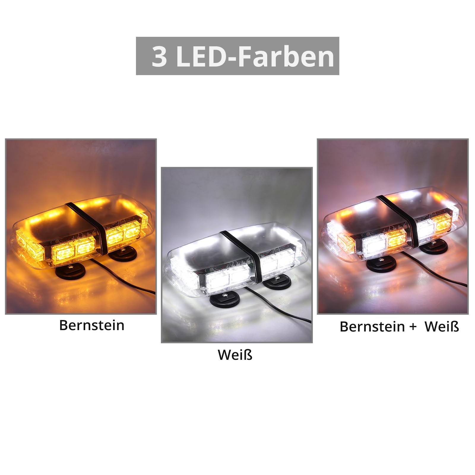 PROZOR 36LEDs 12V/24V Notfall Warnblitzlicht 3-Farb Lichtmodus 36W Warnleuchte mit 4 Starker Magnet Auto Rundumleuchte 7 Modi mit Doppelschalter und 5M Netzkabel für Auto LKW SUV -Weiß & Bernstein
