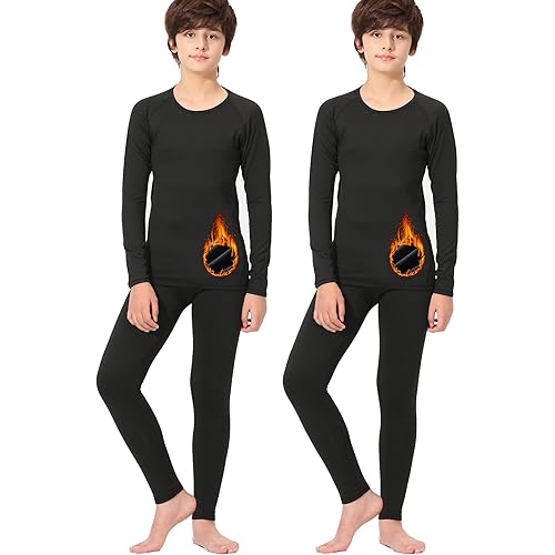 Rolimaka 2/1 Set Youth Boys' Thermal Underwear Set Fleece Lined Compression Shirt Leggings Pants Kids Base Layer Cold Weather