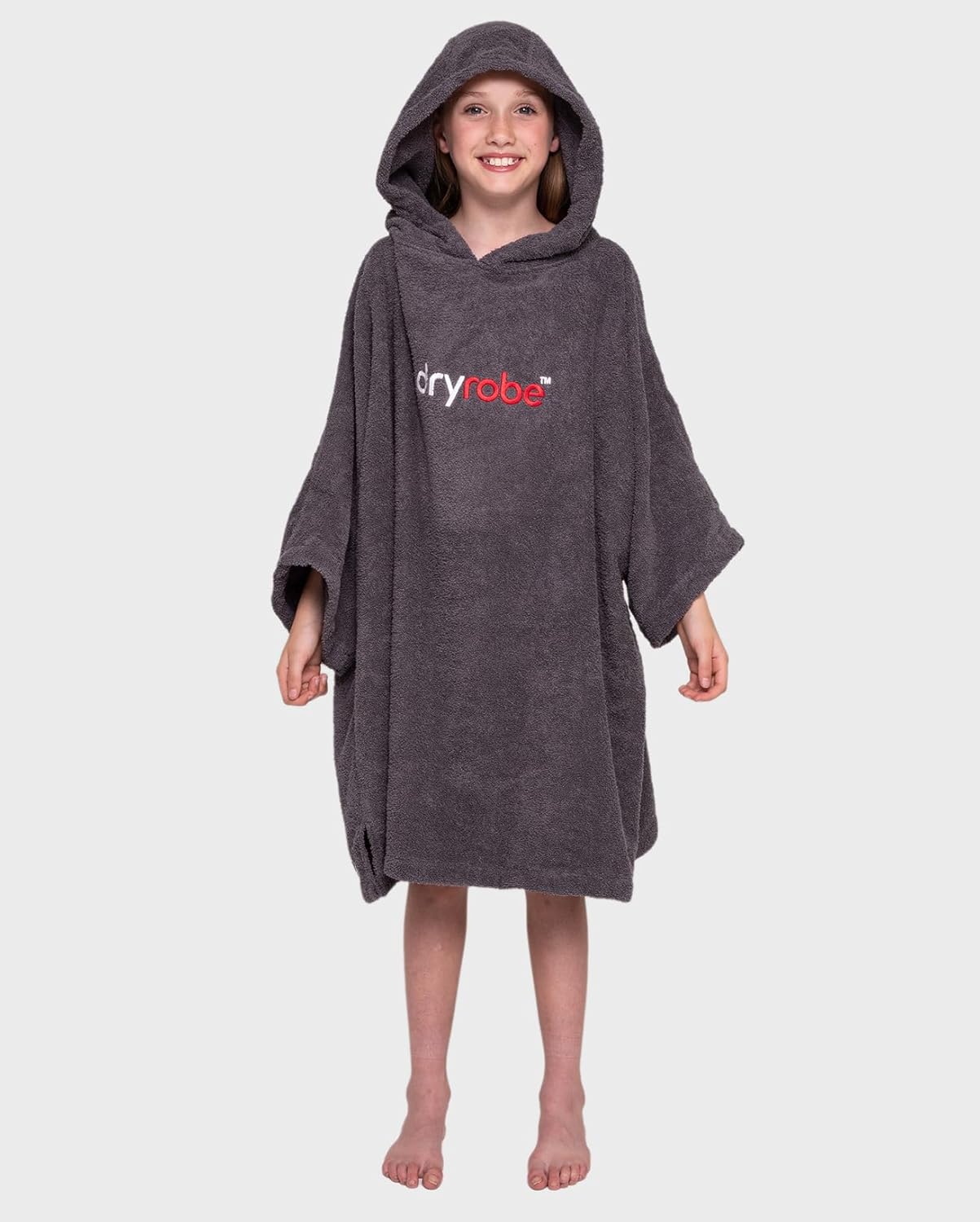 Dryrobe Towel Swim Robe - Hooded Surf Poncho Changing Robe - Organic Cotton - for Swimming, Beach, Surfing - Short Sleeve (Kids 5-9 - Slate Grey)