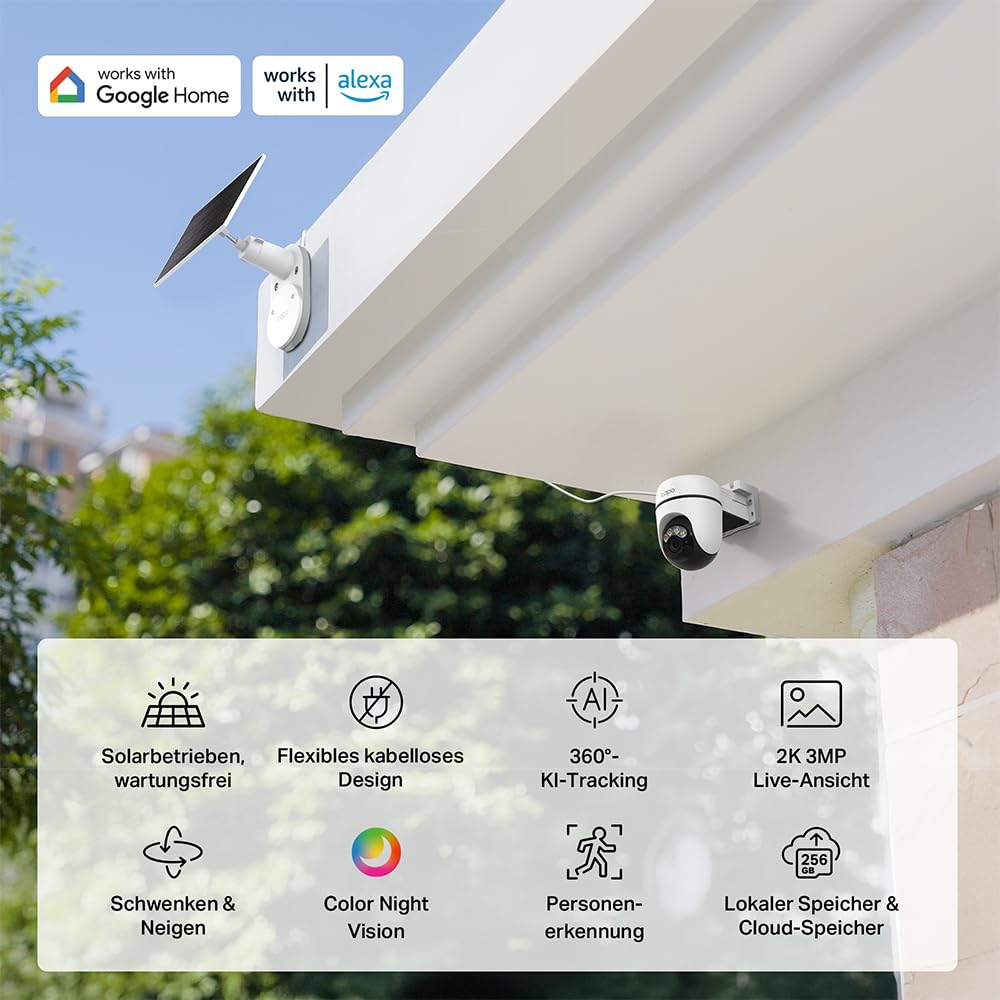 Tapo C610 KIT 2K 360° Solar Überwachungskamera Außen (Akku 6700 mAh, Farbnachtsicht, WLAN 2,4 GHz, KI-Erkennung, Licht- & Ton-Alarm, lokale Speicherung über microSD-Karte oder H500-Homebase)