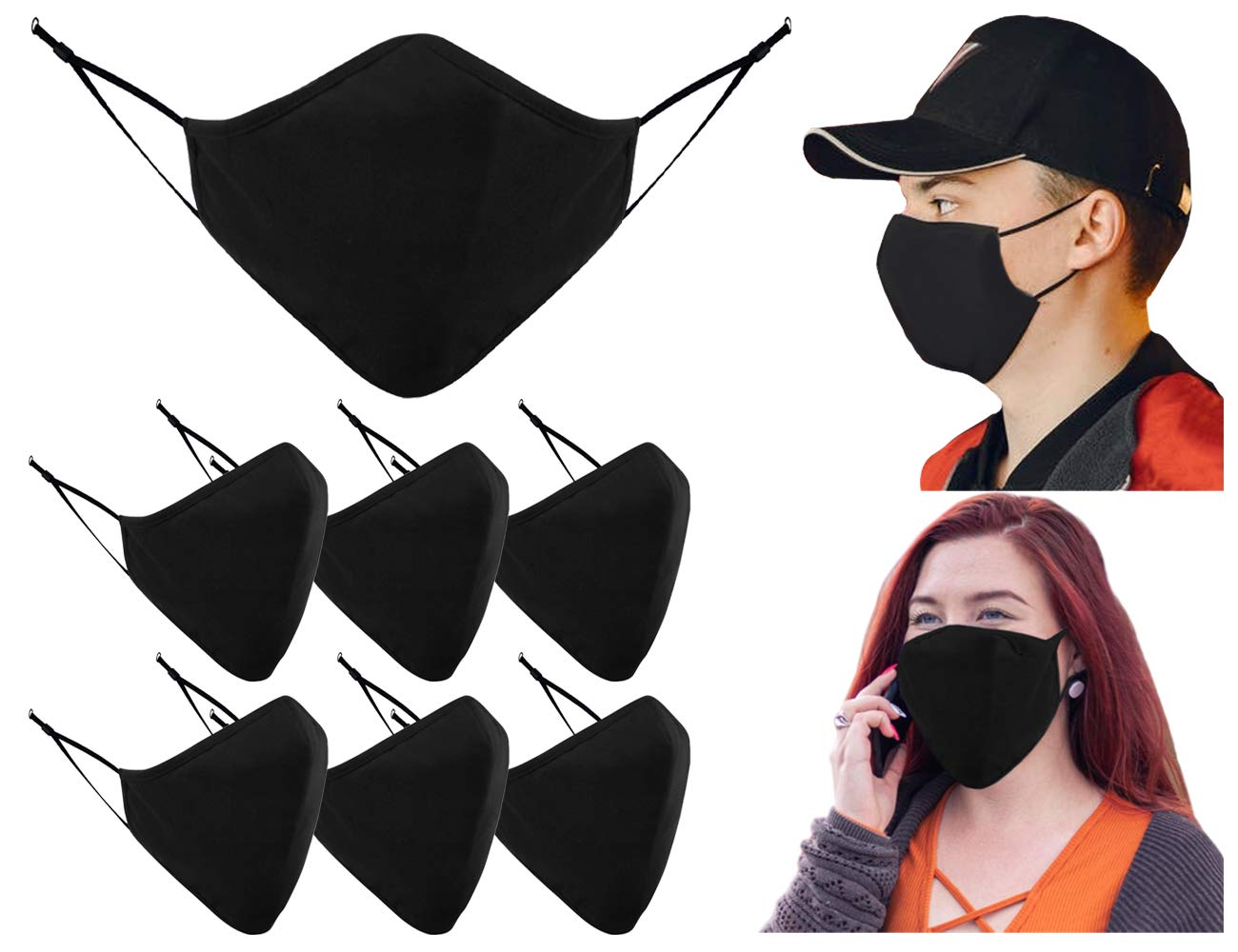 Face Masks Washable UK Black Face Mask - Adjustable 3 Layer Protective Fabric Face Cover, Breathable Face Mask Reusable Fa...