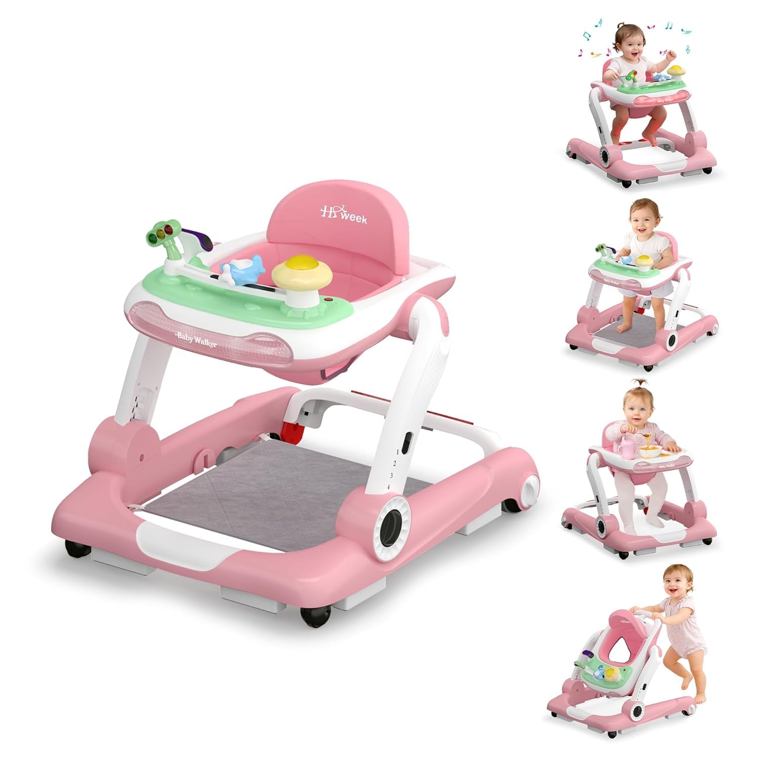 Baby Walker with Wheels, 5 in 1 Walker for Baby Boy Girl 6-12 Months with Bouncer, Music and Lights Baby Jumper Activity Center, Adjustable Height