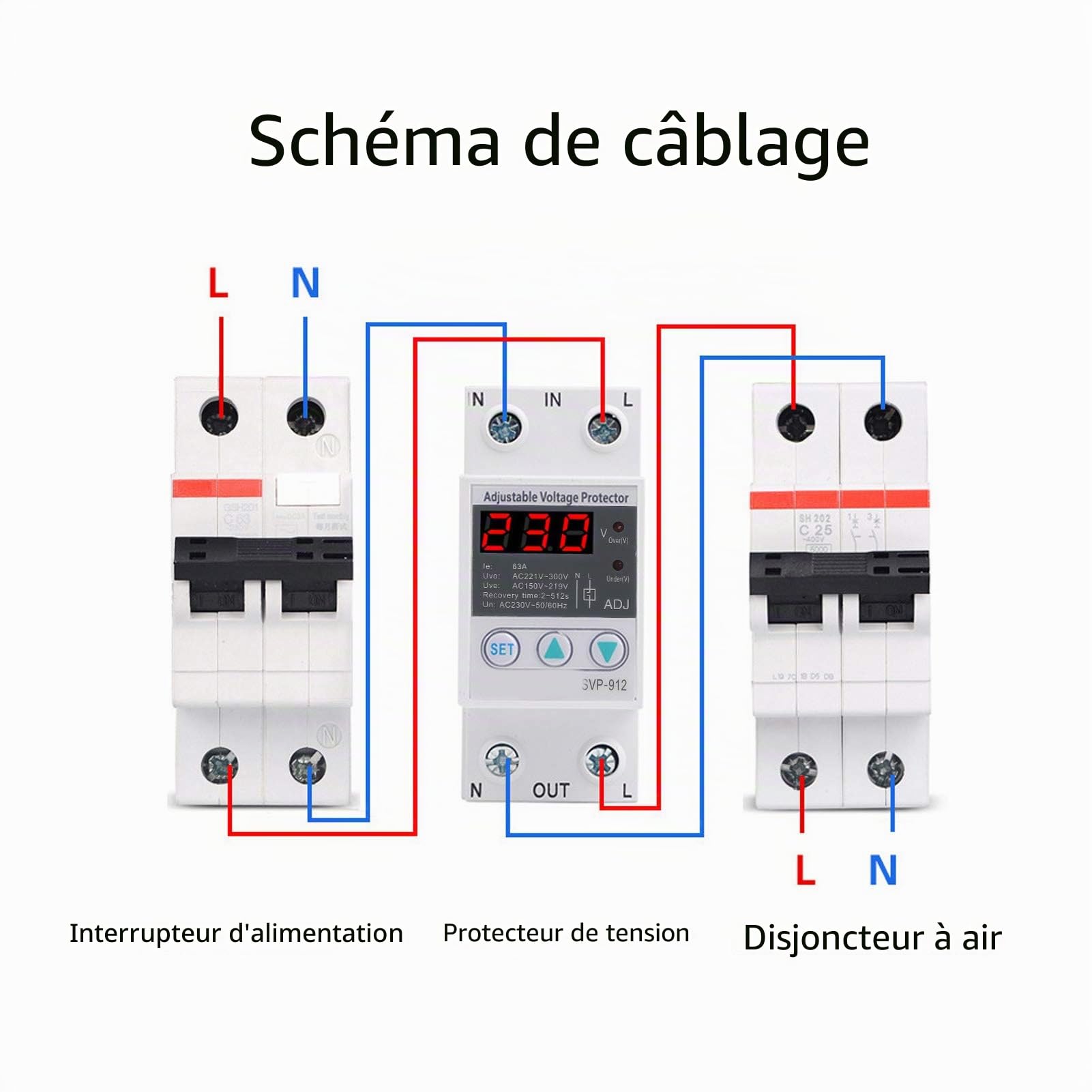 SVP-912 63A Régulateur De Tension 230v,Relais De Protection De Tension,stabilisateur de tension 230v Sous Protection Contre Les Surtensions Relais De Protection De Récupération Réglable Voltmètre