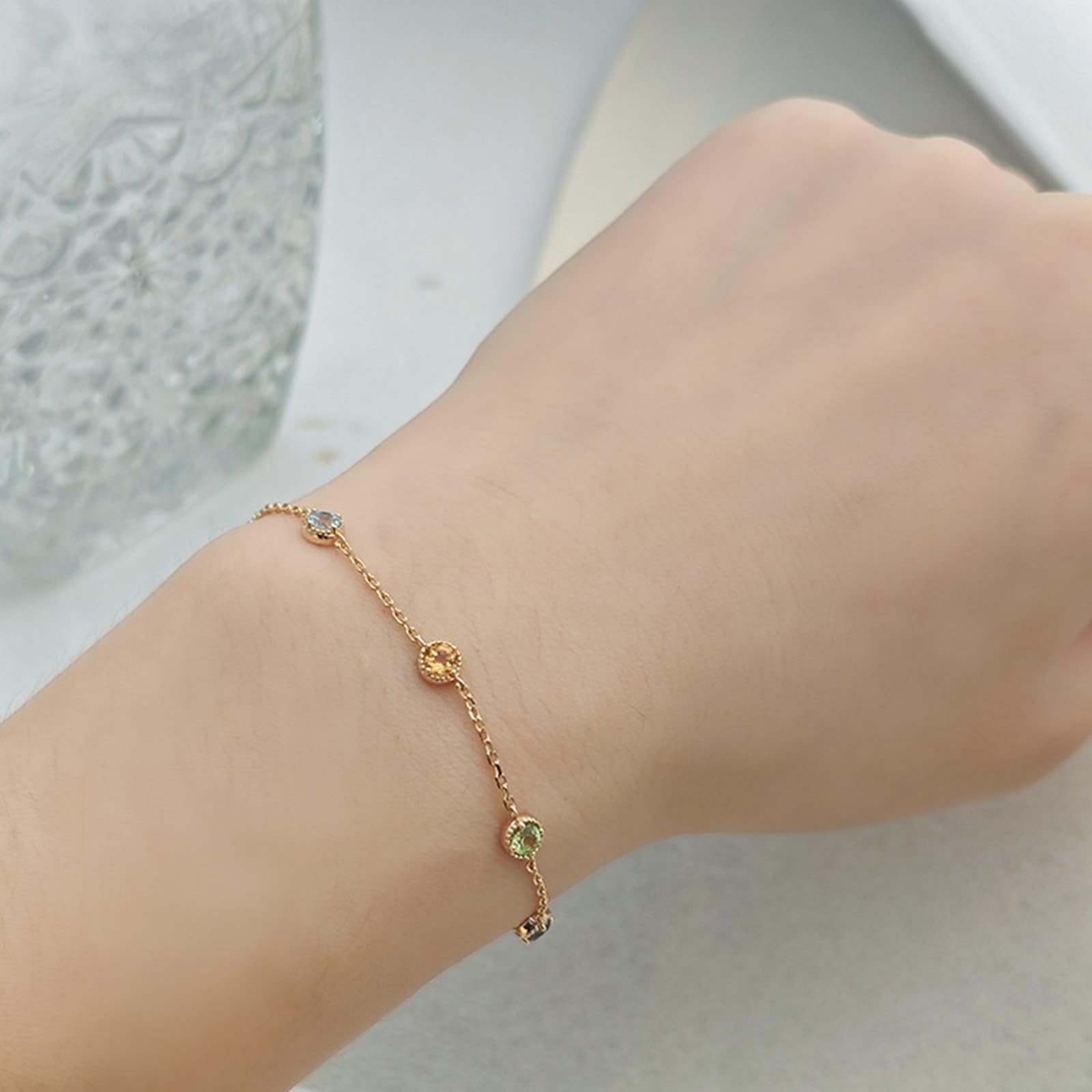 Armband 9K/14K/18K Gold Echtschmuck mit Bunt Edelstein Zart Kette