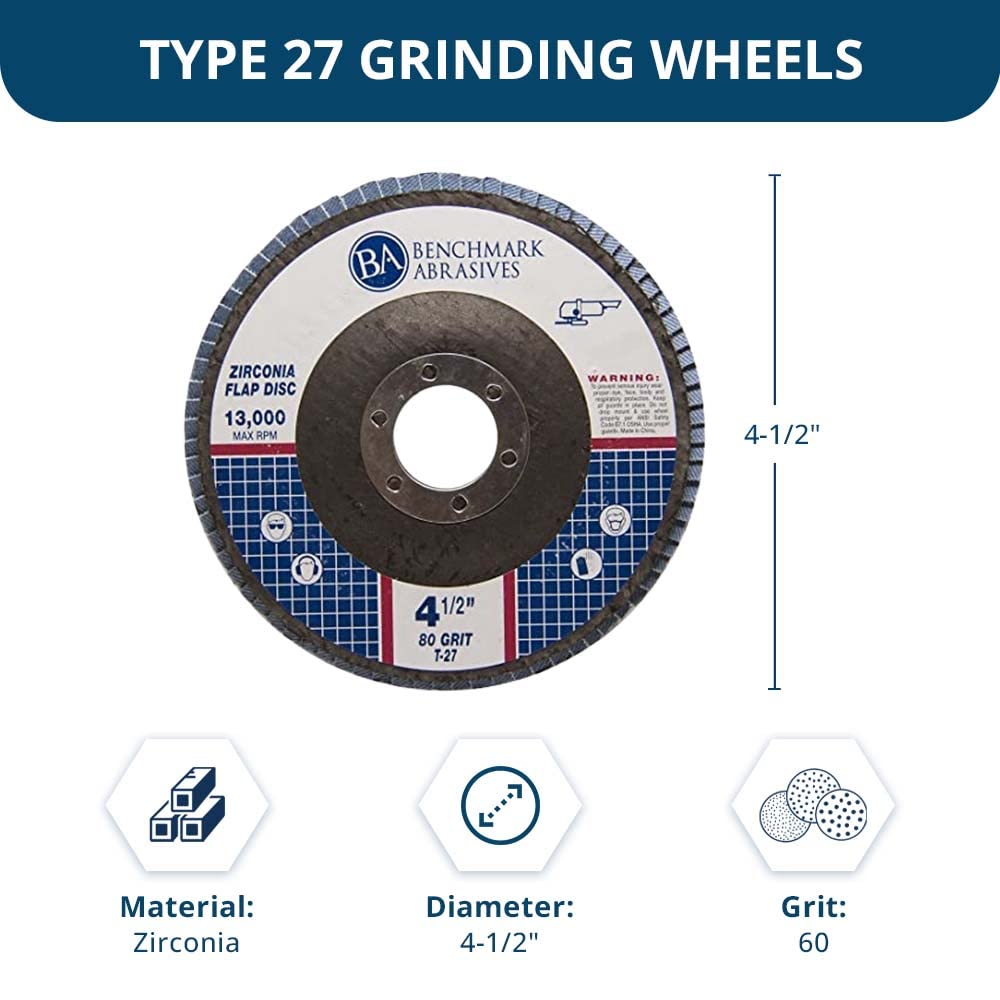 Benchmark Abrasives 4.5 pulgadas Premium Zirconia Tipo 27 discos de aleta muelas abrasivas para acero inoxidable 7/8 pulgadas cenador grano 60 – 10 unidades