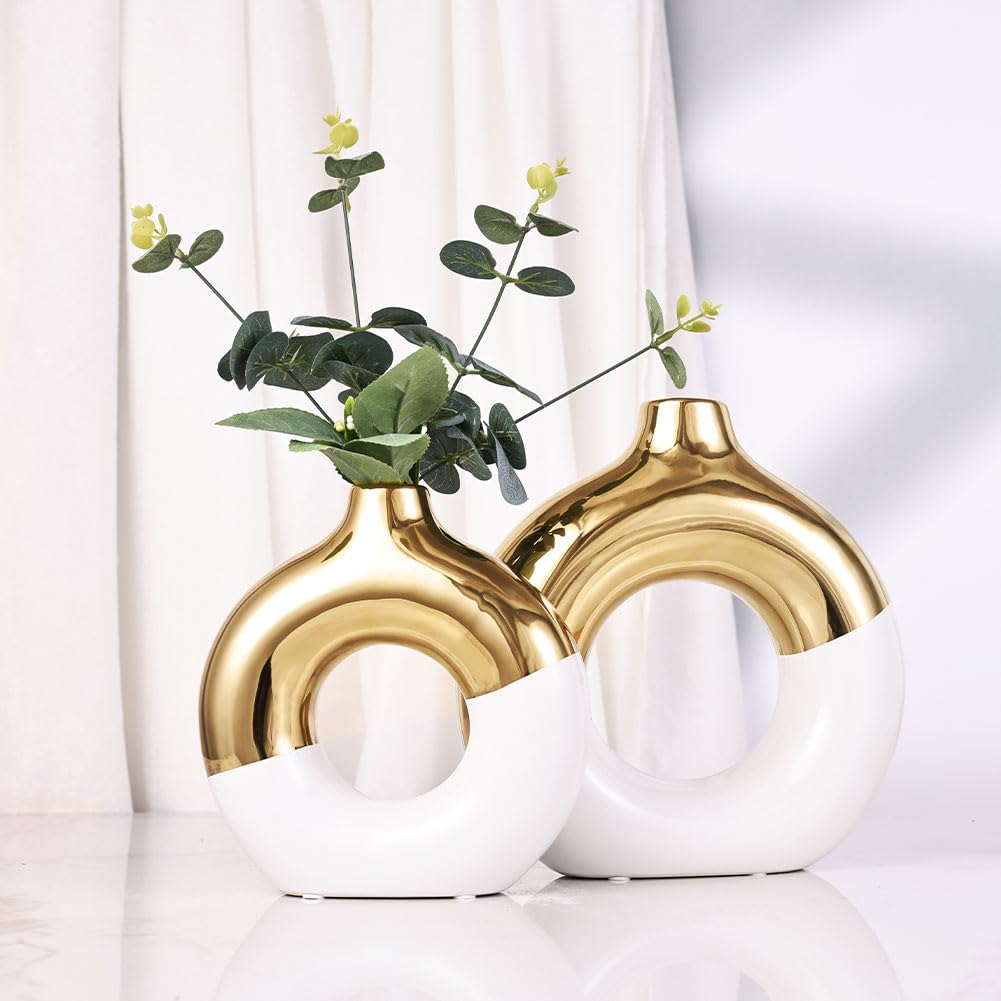 Set di 2 vasi in ceramica bianca e oro, vaso da fiori per decorazione domestica, vaso a ciambella per scaffale, vaso decorativo moderno bohémien, vaso rotondo per erba della pampa, perfetto per tavolo