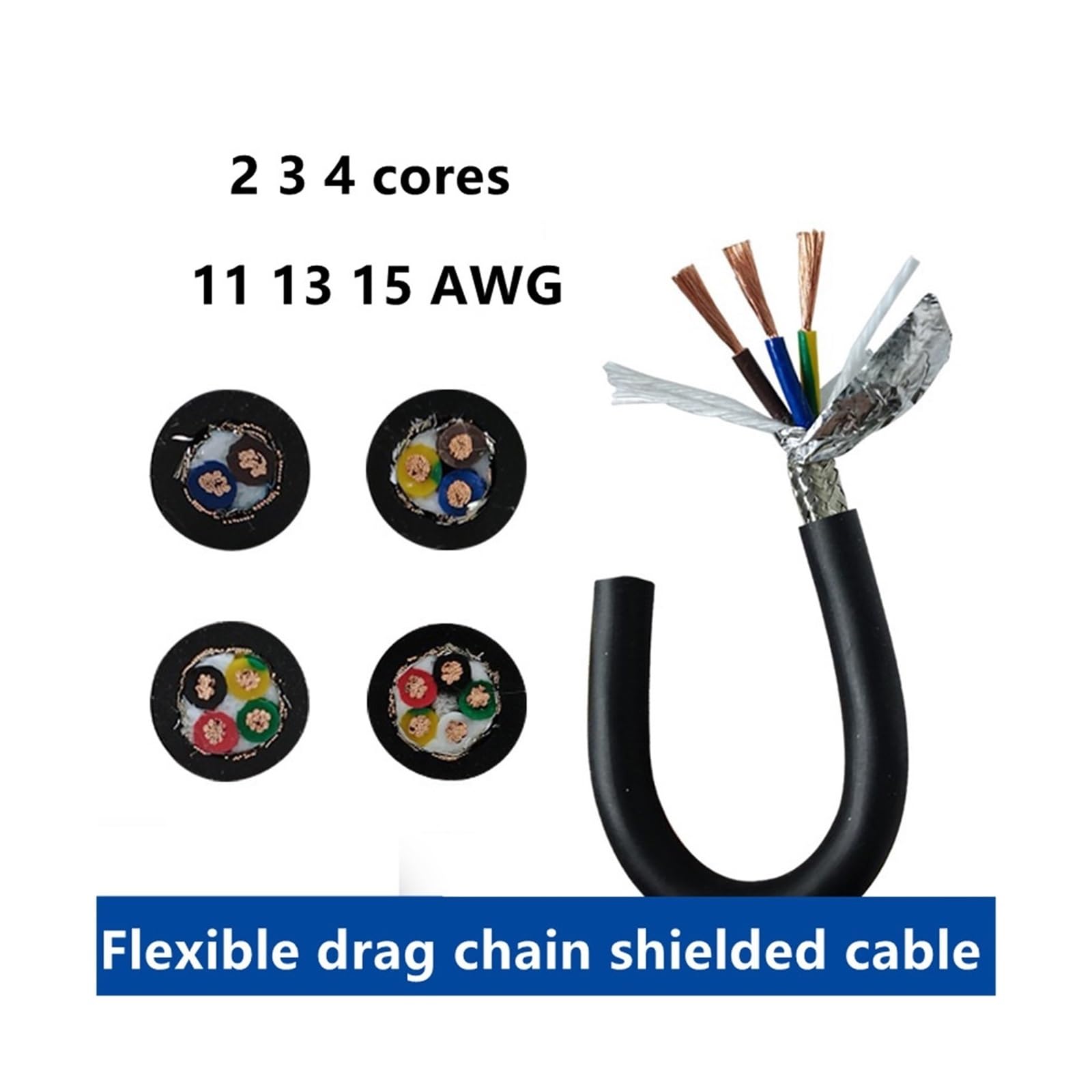 Cavo schermato for traino da 1 m 2/3/4, PVC flessibile 11/13 AWG | Filo di rame resistente alla flessione(2 cores,17 AWG 1m)