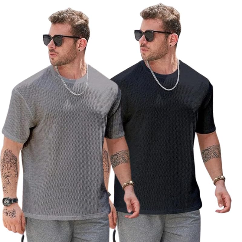 Image of Men Solid Waffle Round Neck Oversized /Dropshoulder |Baggy| Summer T Shirt for Ment Shirt