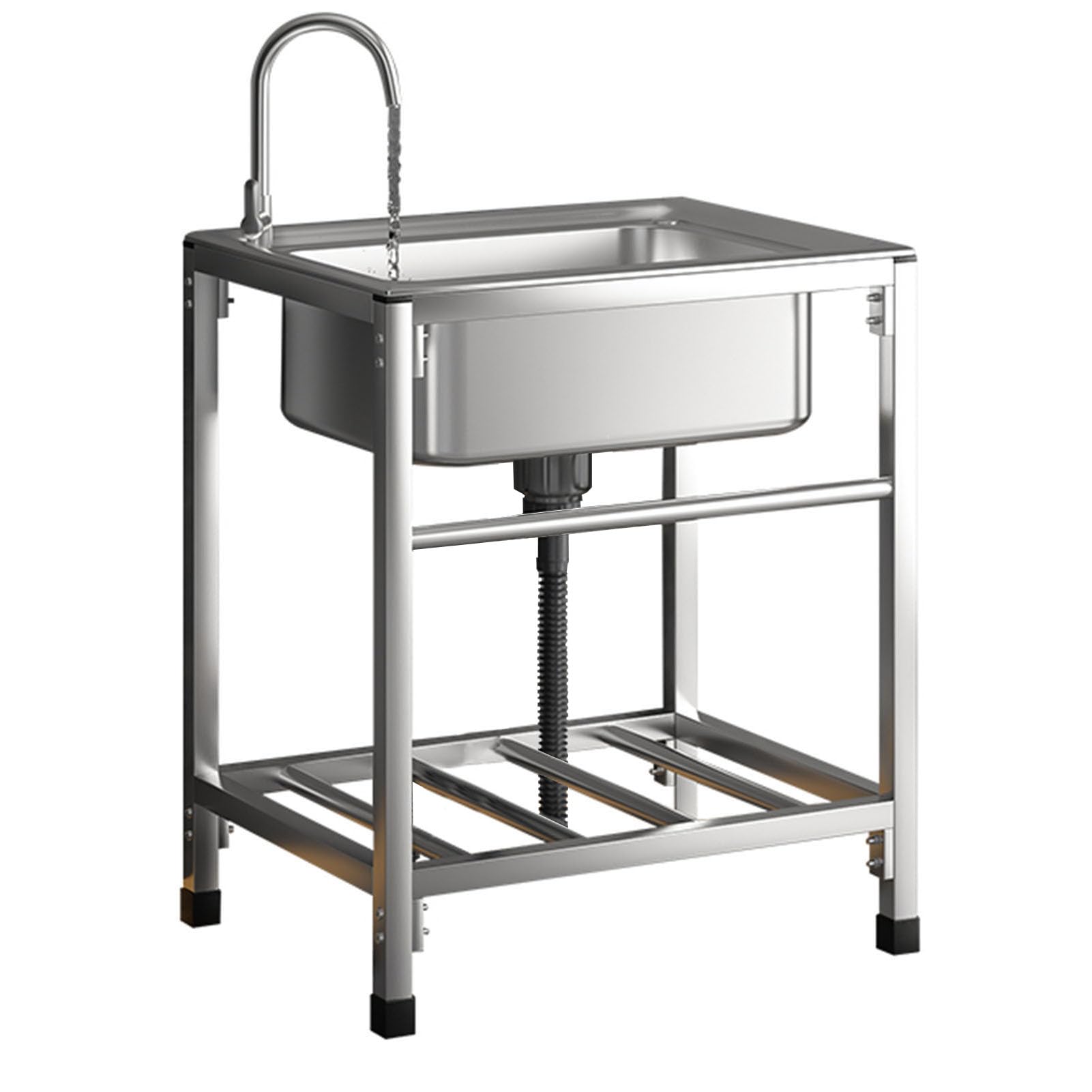 ZQFHSX Stainless Steel Commercial Sink, Free Standing Kitchen Sink Single Bowl, with Hot and Cold Tap for Laundry, Backyard, Restaurant (53×38×75cm)