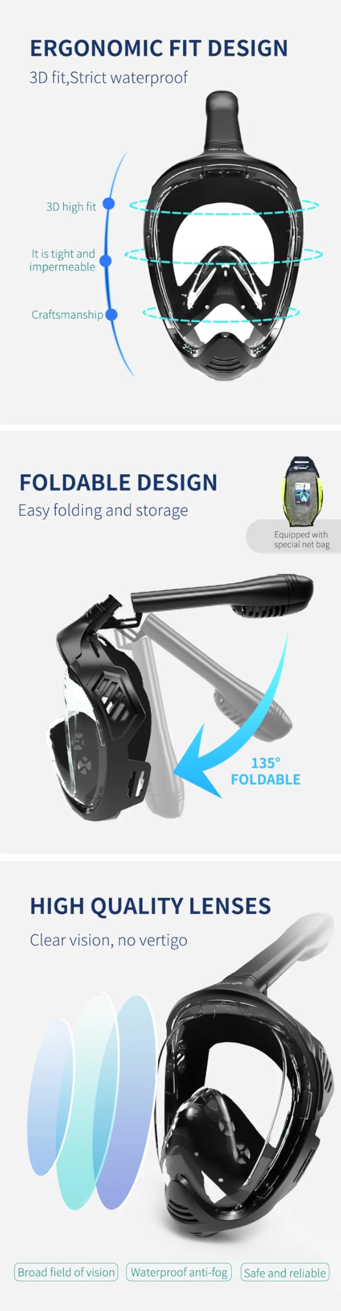Maschera da snorkeling integrale con tubo da snorkeling asciutto, anti-appannamento, a prova di perdite, per immersioni subacquee, nuoto, per adulti e bambini