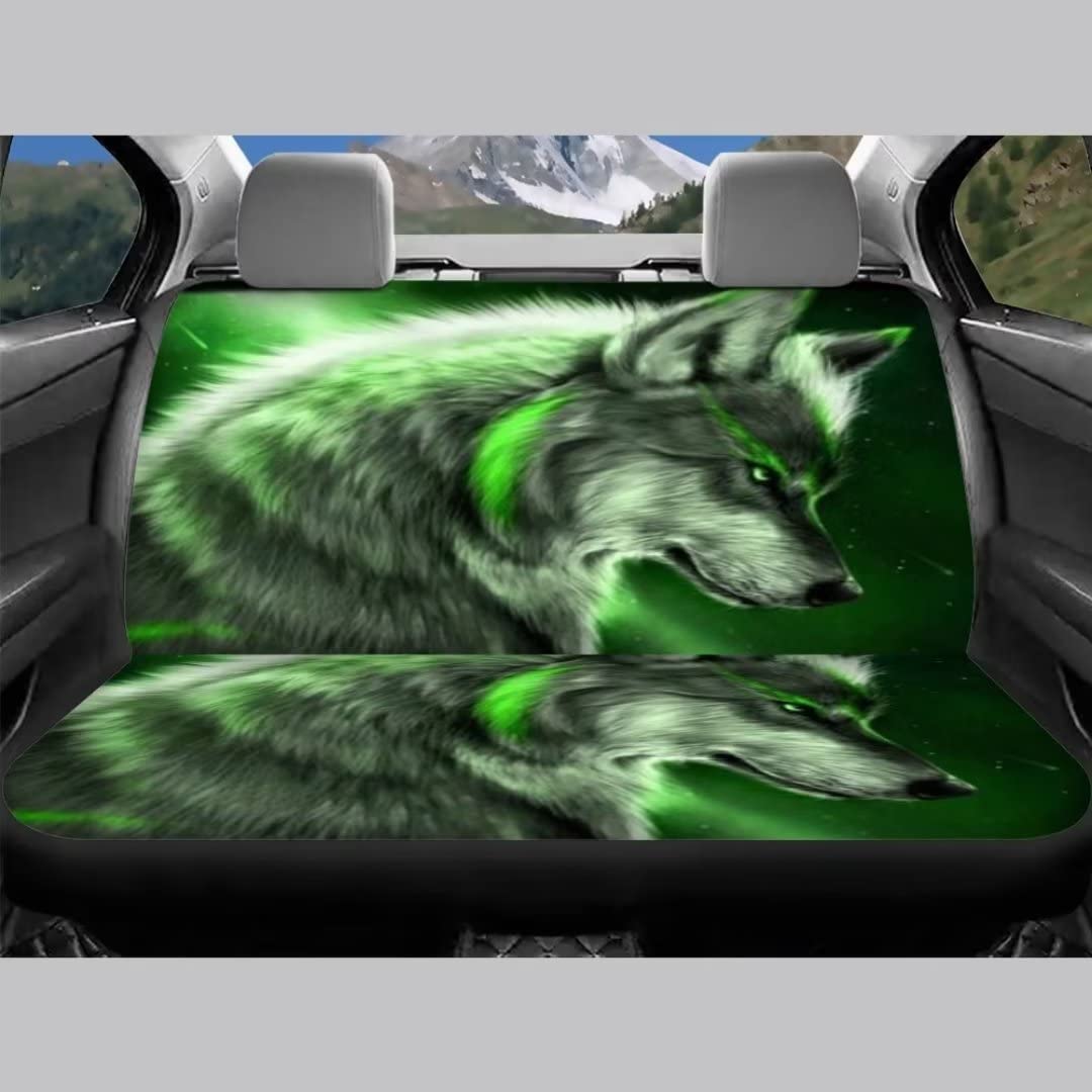 chaqlin Galaxy Green Wolf autostoelbekleding set, 4 stuks universele auto voorstoelhoezen dierlijke wolf achterbank kussen pads voor vrouwen heren auto interieur accessoires decoratief