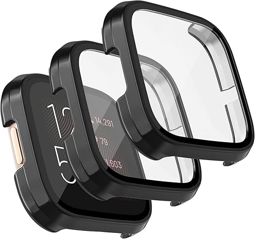 Tobfit - Protector de pantalla para Fitbit Versa 2 con funda protectora de vidrio templado HD, carcasa rígida de policarbonato de cobertura completa