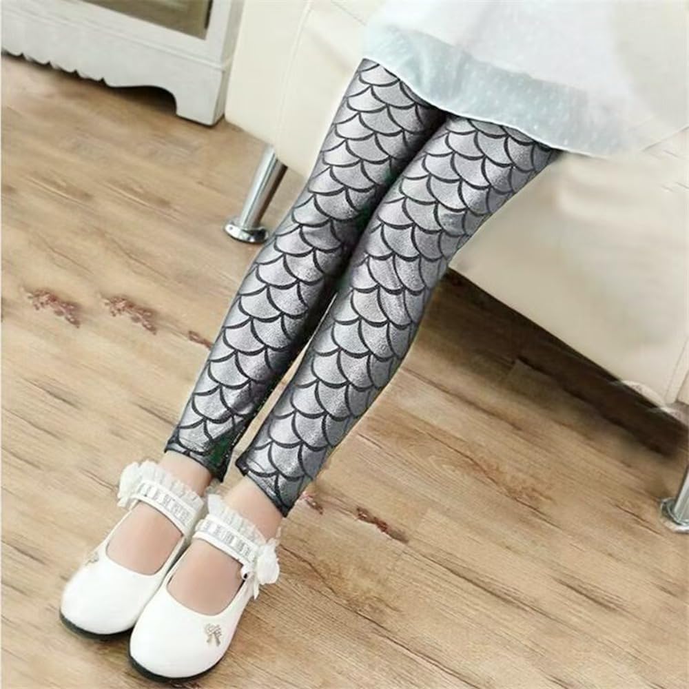 Girls Metallic Mermaid Leggings with Shiny Fish Scale Stretchy Waistband Pants for Halloween Christmas Events