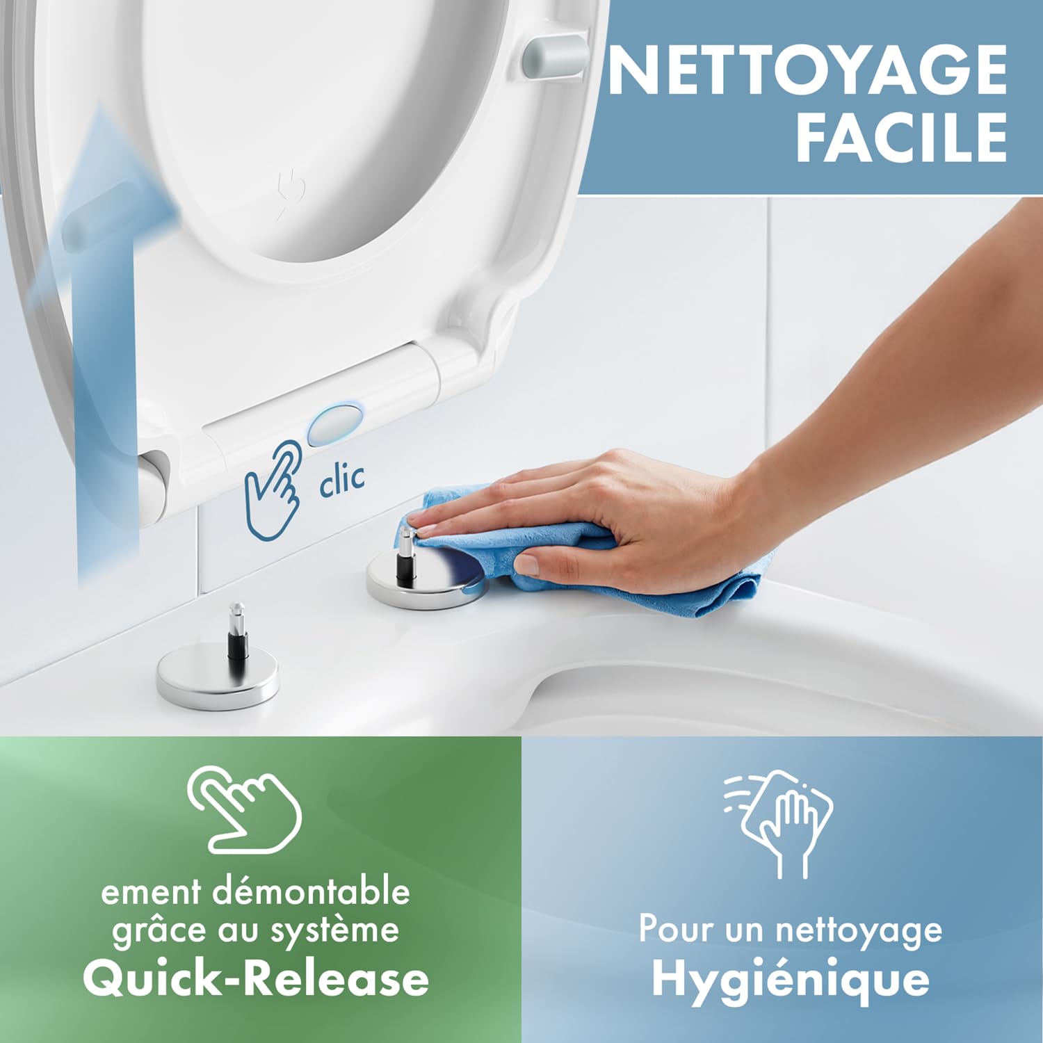 abattant wc avec frein de chute oval 36,6 x 5,5 cm - abattant wc clipsable avec fonction Quick Realease - lunette toilette facile à monter & à nettoyer - plastique haute qualité - adulte