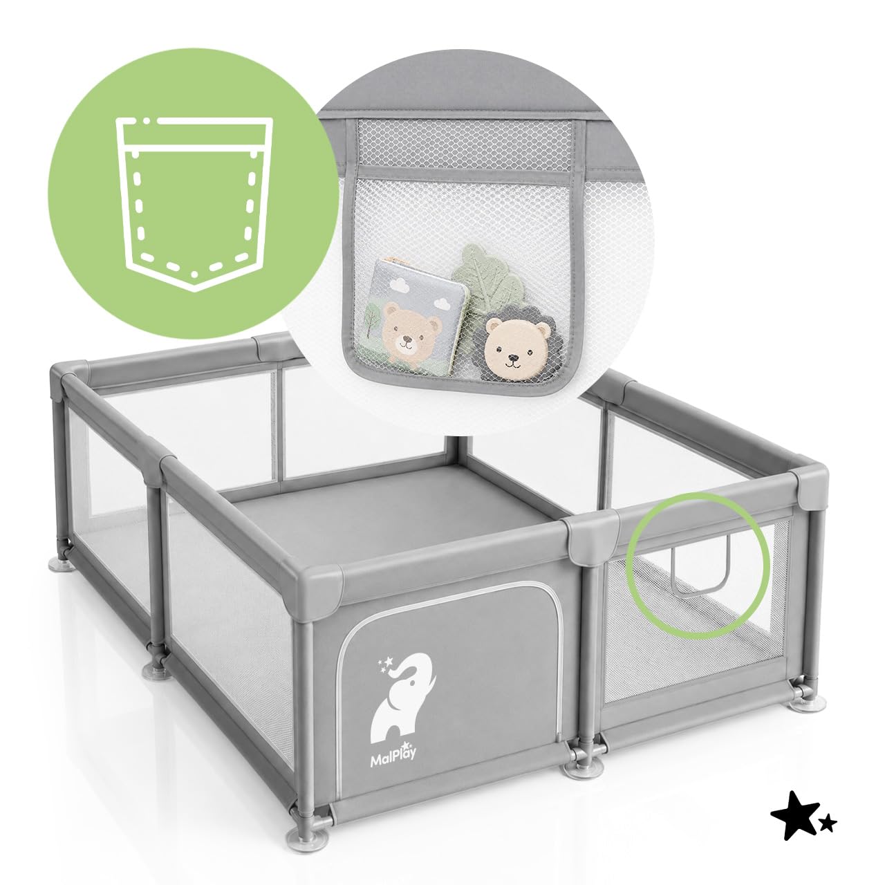 MalPlay Kojec dla niemowląt 150x180 cm dla dzieci w wieku 6-36 miesięcy, mobilny kojec dla dzieci z bokami z siatki, Laufgitter Playpen Play Pen składany, duży kojec dla niemowląt, zamek błyskawiczny