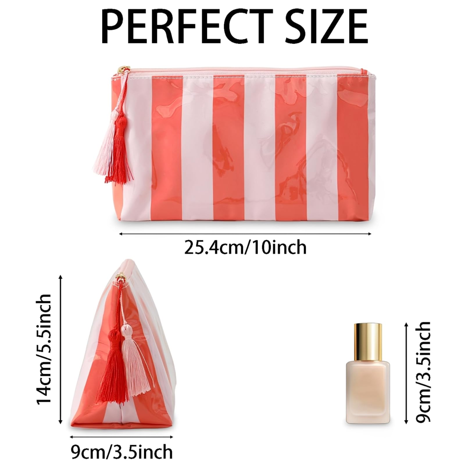 Borsa Cosmetica da Viaggio Donna Astuccio da Toilette a Righe Arancione Beauty Case Impermeabile in PVC con Cerniera Porta Trucchi Trousse Organizer Portatile per la Spiaggia e le Vacanze Estive