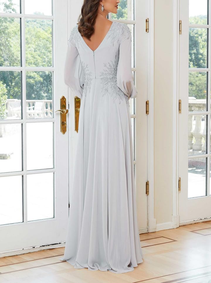 Long Sleeve Chiffon Mother of The Bride Dresses with Sequin Appliques Evening Dresss Formal Prom Gowns4