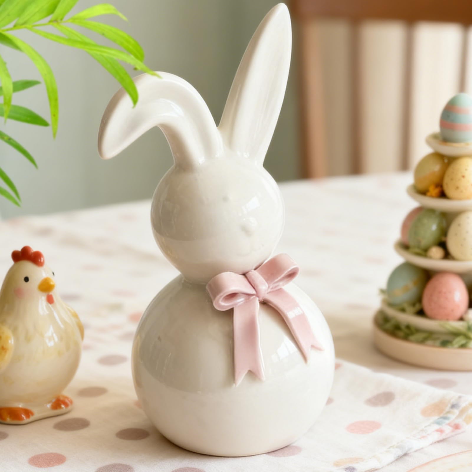 Ceramiczna ozdoba wiosennego króliczka wielkanocnego, rzeźba na świąteczny stół, urocza figurka z kokardką z wykończeniem | Dekoracyjny akcent dla domu, szkoły, mieszkania