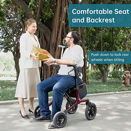 Image of ELENKER All-Terrain Rollator Walker with Non-Pneumatic Tire 12 inch Front Wheels, Compact Folding Design for Seniors, Red