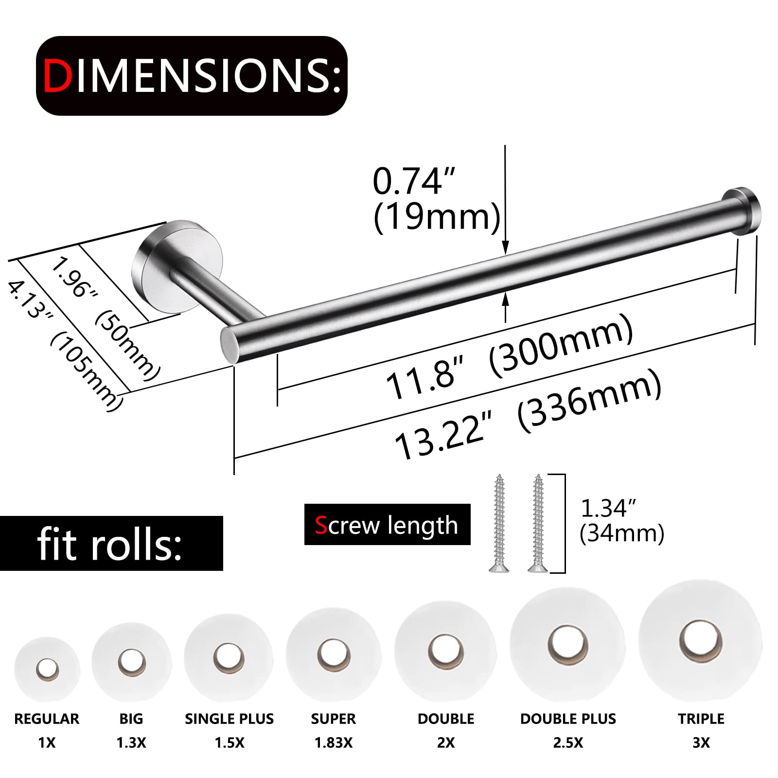 Brushed Nickel Paper Towel Holder,Under Kitchen Cabinet Towel Paper Rack,Wall Mounted Round SUS304 Stainless Steel Dispenser for Bathroom Kitchen Tissue Towel Roll,11 inch