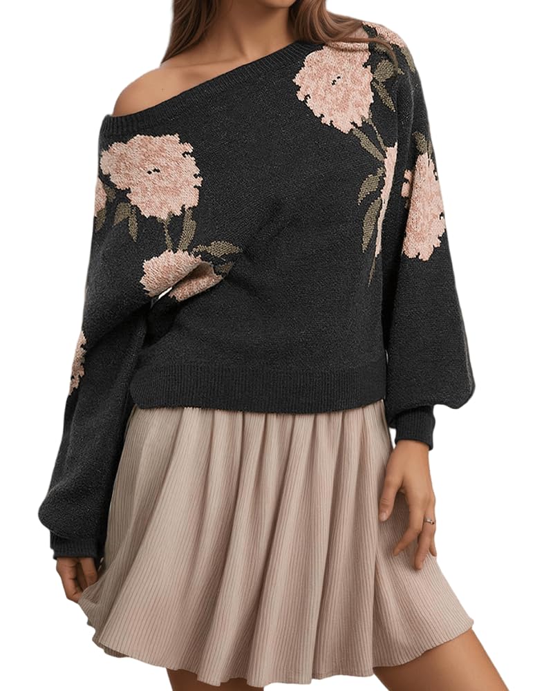 Womens 2025 Knit Sweater Cropped Jacquard Sweaters Boat Neck Pullover Jumper Tops Casual Loose Knitwear