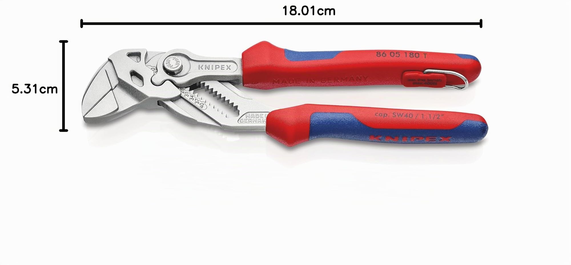 Knipex Pince-clé pince et clé à la fois chromée avec gaines bi-matière, avec œillet intégré pour fixation d’un dispositif antichute 180, 86 05 180 T