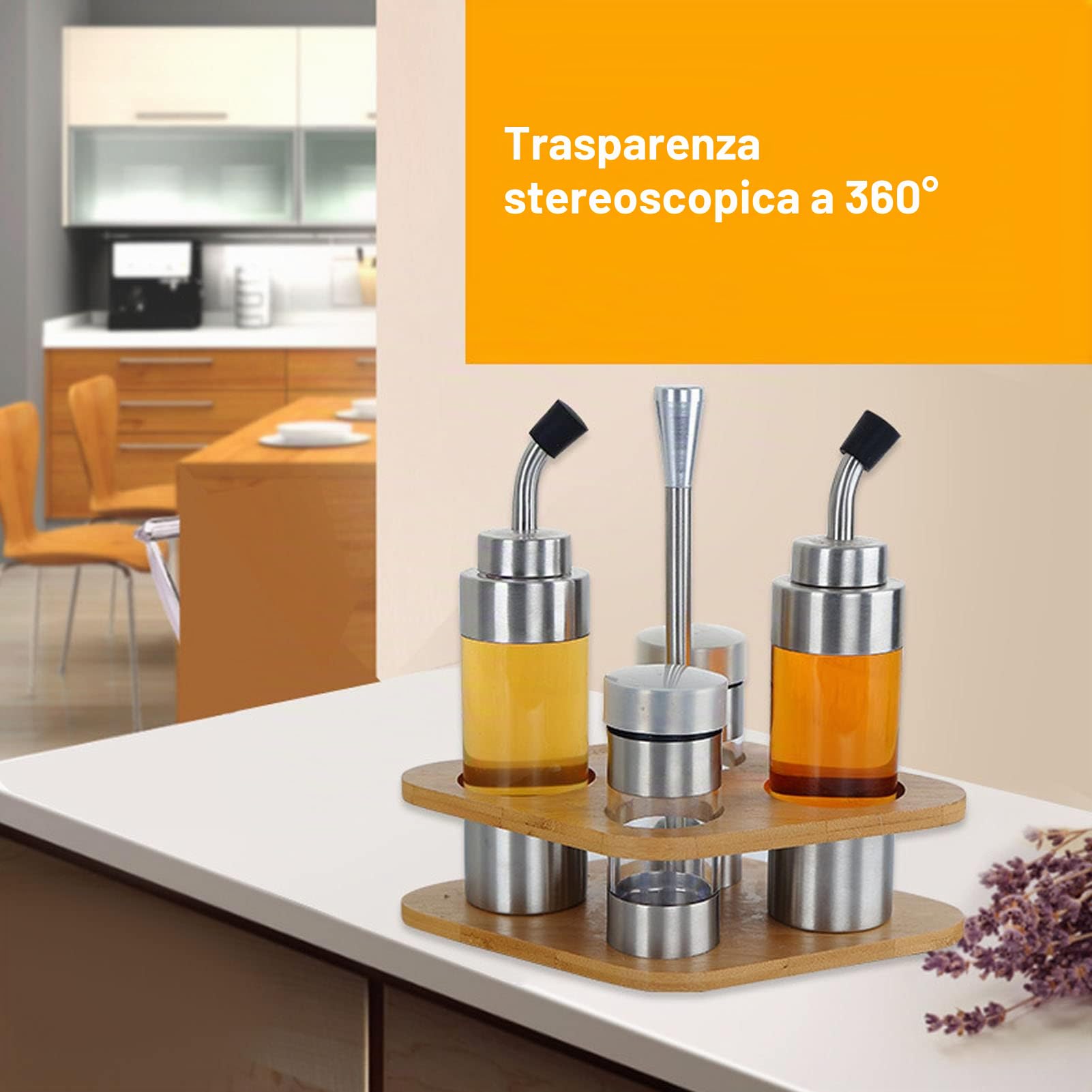 HERCHR Set di scatole per condimento da banco in Acciaio Inossidabile, 2 Set Dispenser Olio e Aceto, 2 Dispenser di condimenti con base in legno, Set di saliera e pepiera per cucina ristorante